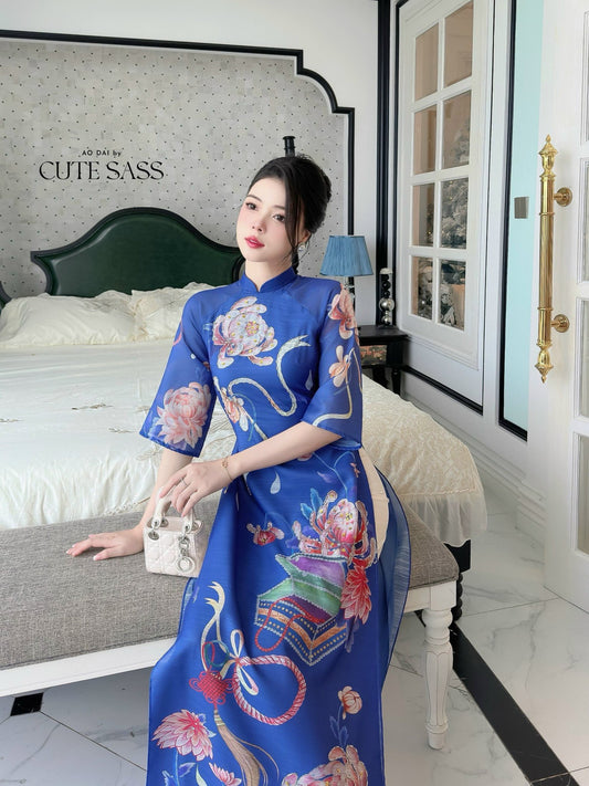 Hoa Vien - Blue Ao Dai Set | Pre-made Traditional Vietnamese Ao Dai| Women Ao Dai with Pants | Lunar New Year| Ao Dai Truyen Thong|