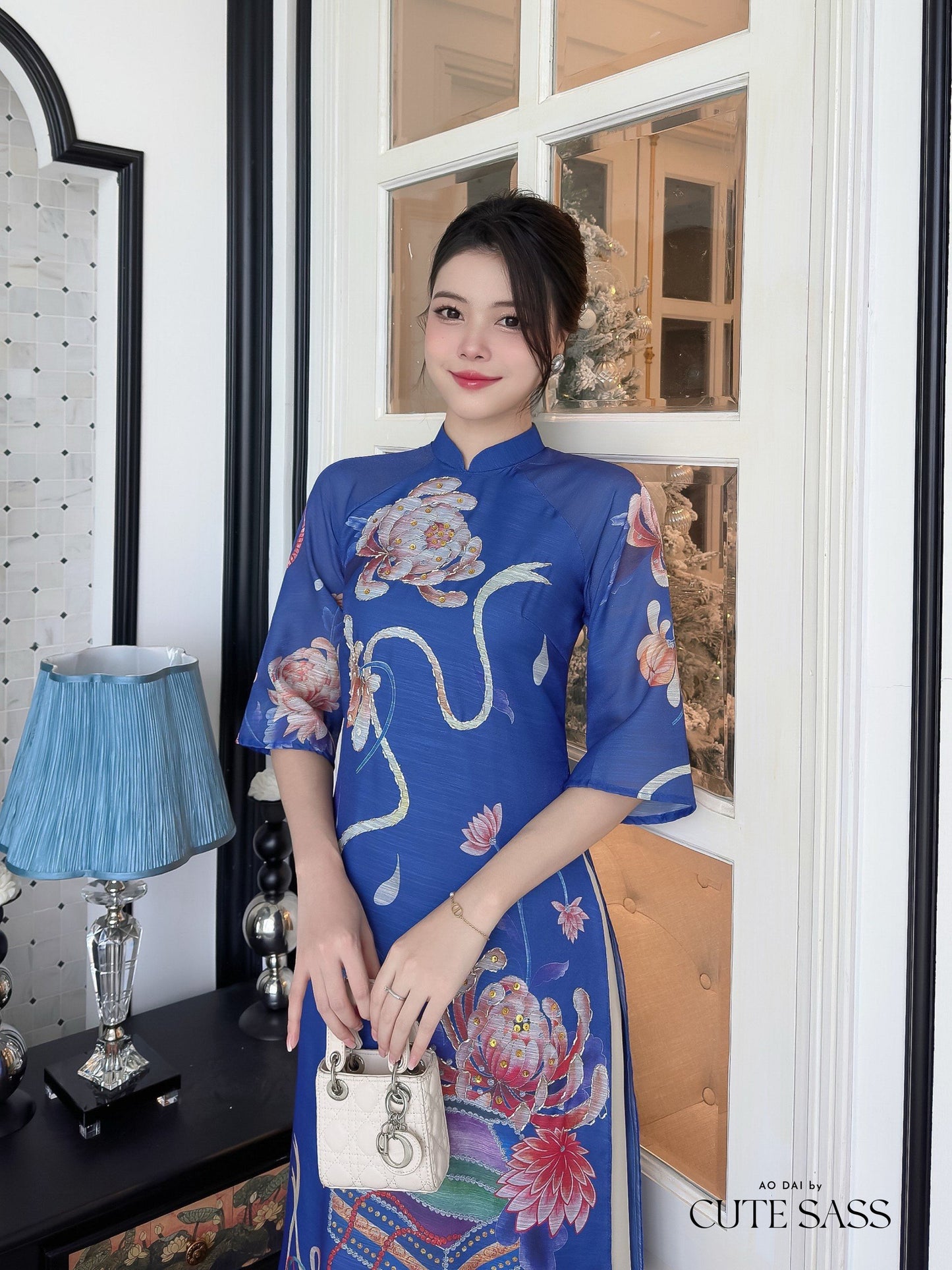 Hoa Vien - Blue Ao Dai Set | Pre-made Traditional Vietnamese Ao Dai| Women Ao Dai with Pants | Lunar New Year| Ao Dai Truyen Thong|
