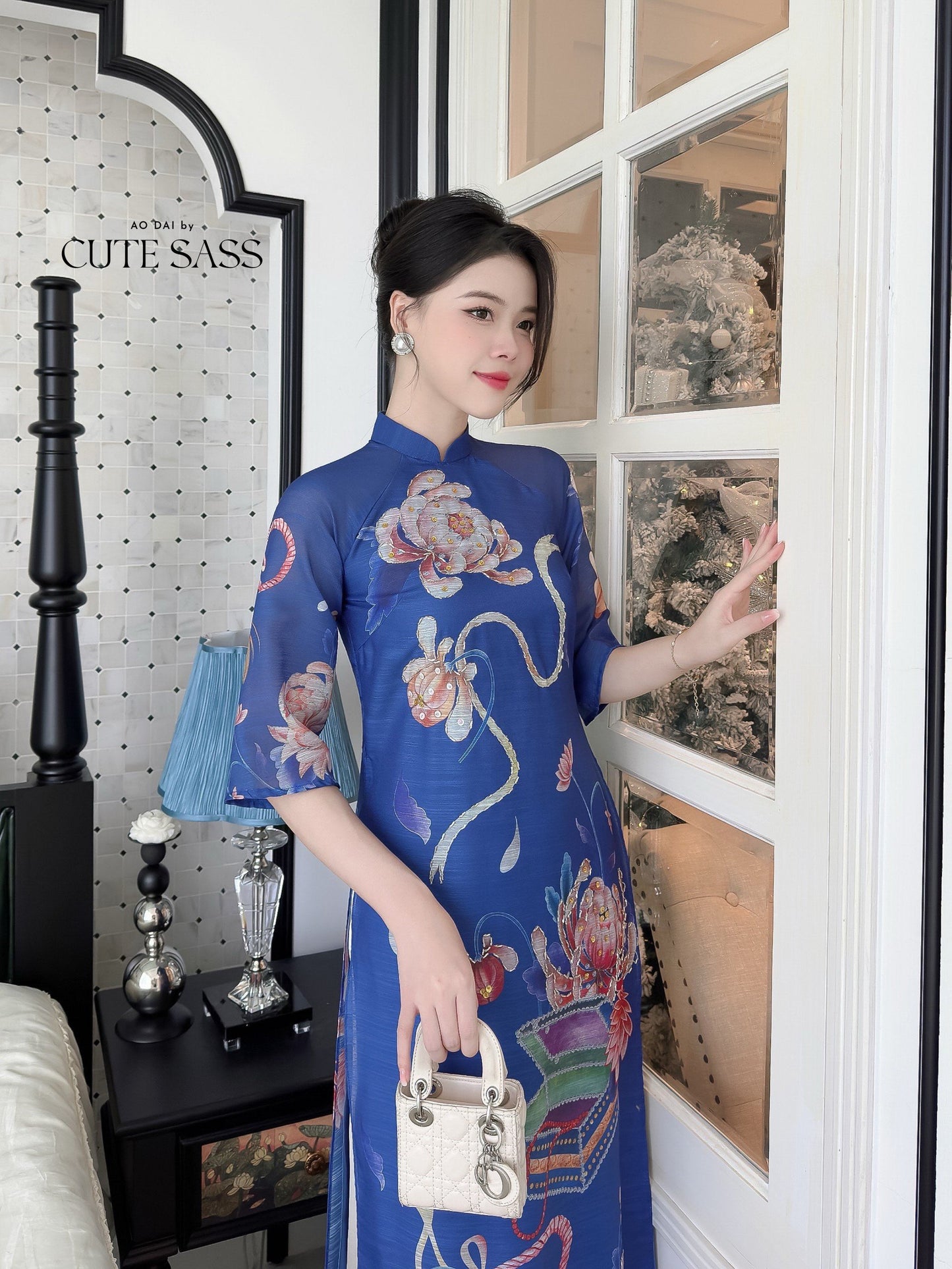 Hoa Vien - Blue Ao Dai Set | Pre-made Traditional Vietnamese Ao Dai| Women Ao Dai with Pants | Lunar New Year| Ao Dai Truyen Thong|