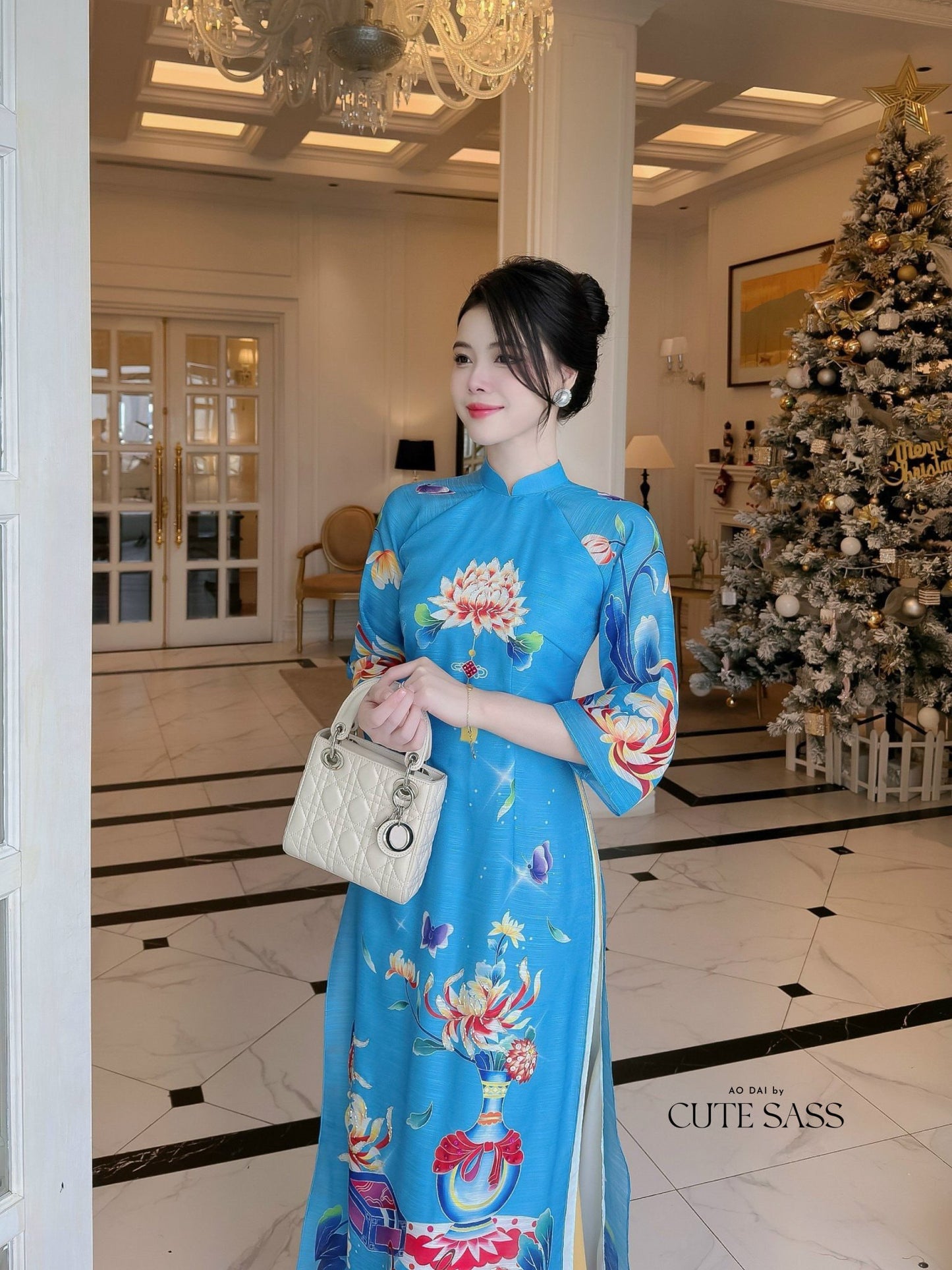 Hoa Vien - Turquoise Ao Dai Set | Pre-made Traditional Vietnamese Ao Dai| Women Ao Dai with Pants | Lunar New Year| Ao Dai Truyen Thong|
