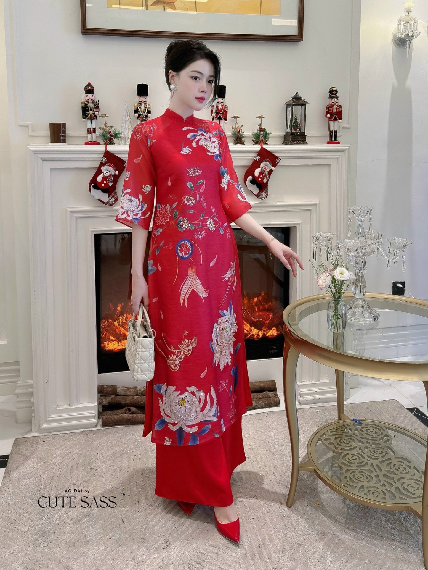Hoa Vien - Red Ao Dai Set | Pre-made Traditional Vietnamese Ao Dai| Women Ao Dai with Pants | Lunar New Year| Ao Dai Truyen Thong|