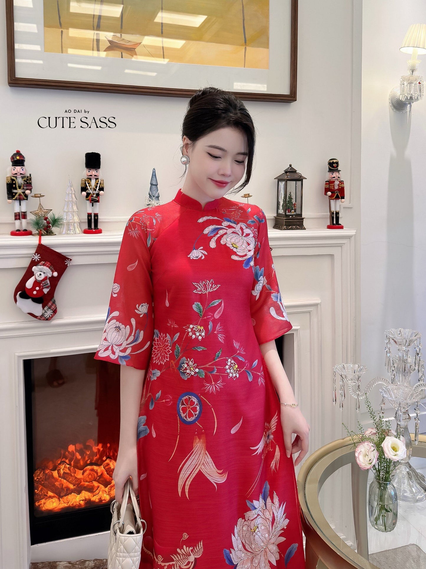 Hoa Vien - Red Ao Dai Set | Pre-made Traditional Vietnamese Ao Dai| Women Ao Dai with Pants | Lunar New Year| Ao Dai Truyen Thong|