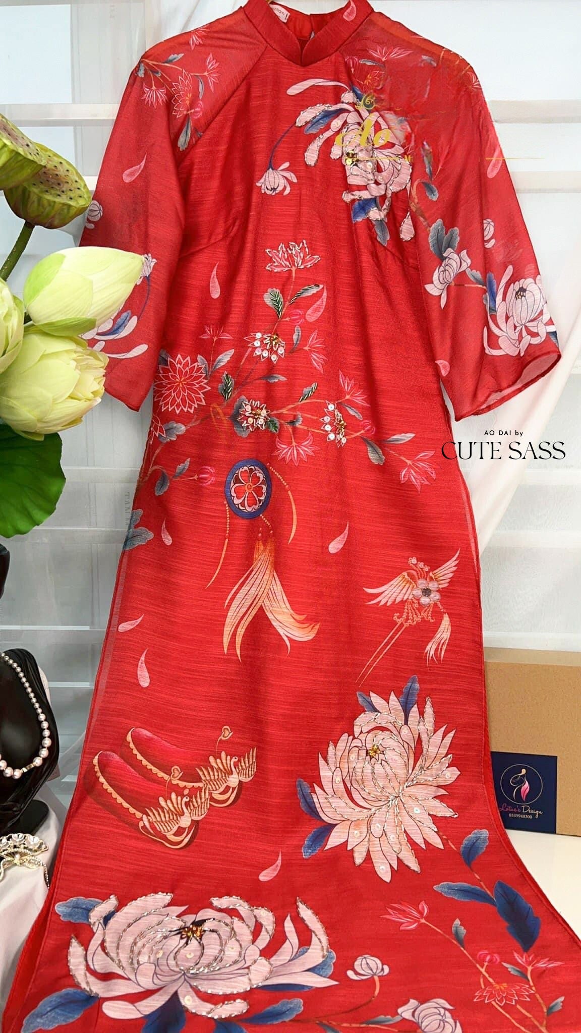 Hoa Vien - Red Ao Dai Set | Pre-made Traditional Vietnamese Ao Dai| Women Ao Dai with Pants | Lunar New Year| Ao Dai Truyen Thong|