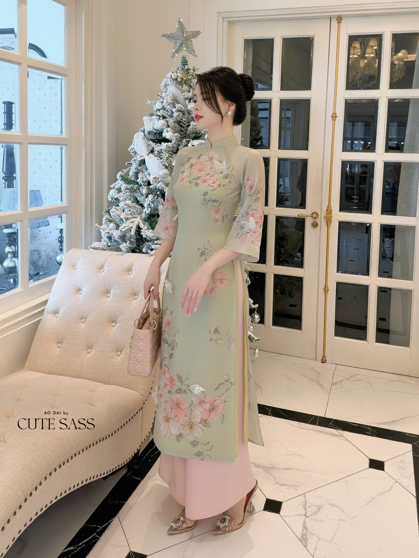 Diep Xuan - Green Ao Dai Set | Pre-made Traditional Vietnamese Ao Dai| Women Ao Dai with Pants | Lunar New Year| Ao Dai Truyen Thong|