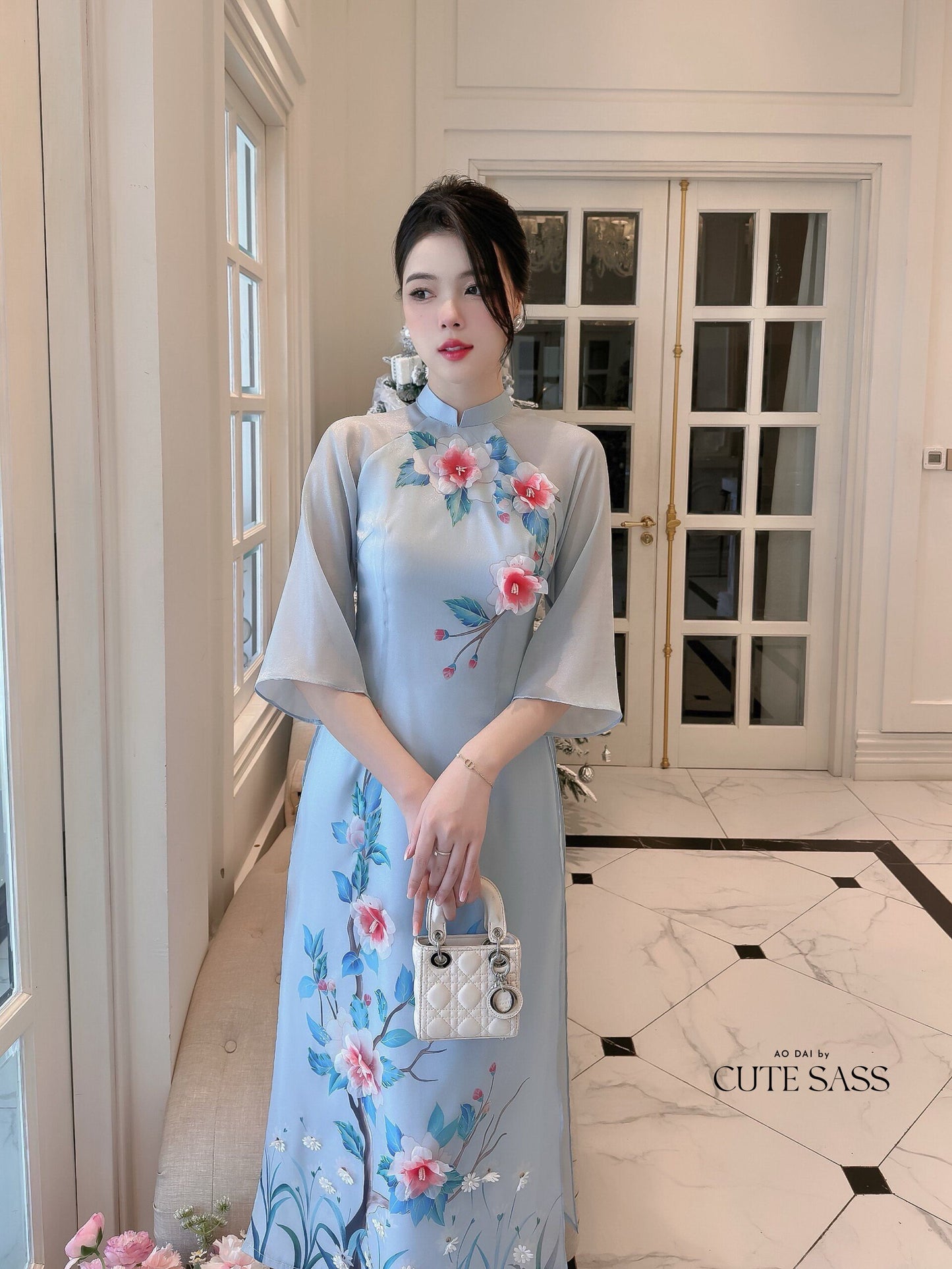 Diep Xuan - Blue Ao Dai Set | Pre-made Traditional Vietnamese Ao Dai| Women Ao Dai with Pants | Lunar New Year| Ao Dai Truyen Thong|