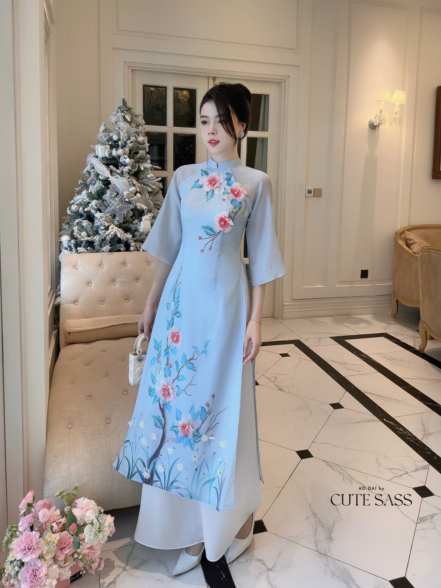 Diep Xuan - Blue Ao Dai Set | Pre-made Traditional Vietnamese Ao Dai| Women Ao Dai with Pants | Lunar New Year| Ao Dai Truyen Thong|