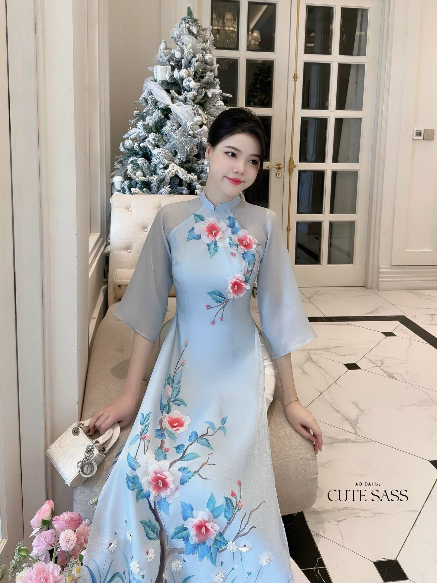 Diep Xuan - Blue Ao Dai Set | Pre-made Traditional Vietnamese Ao Dai| Women Ao Dai with Pants | Lunar New Year| Ao Dai Truyen Thong|