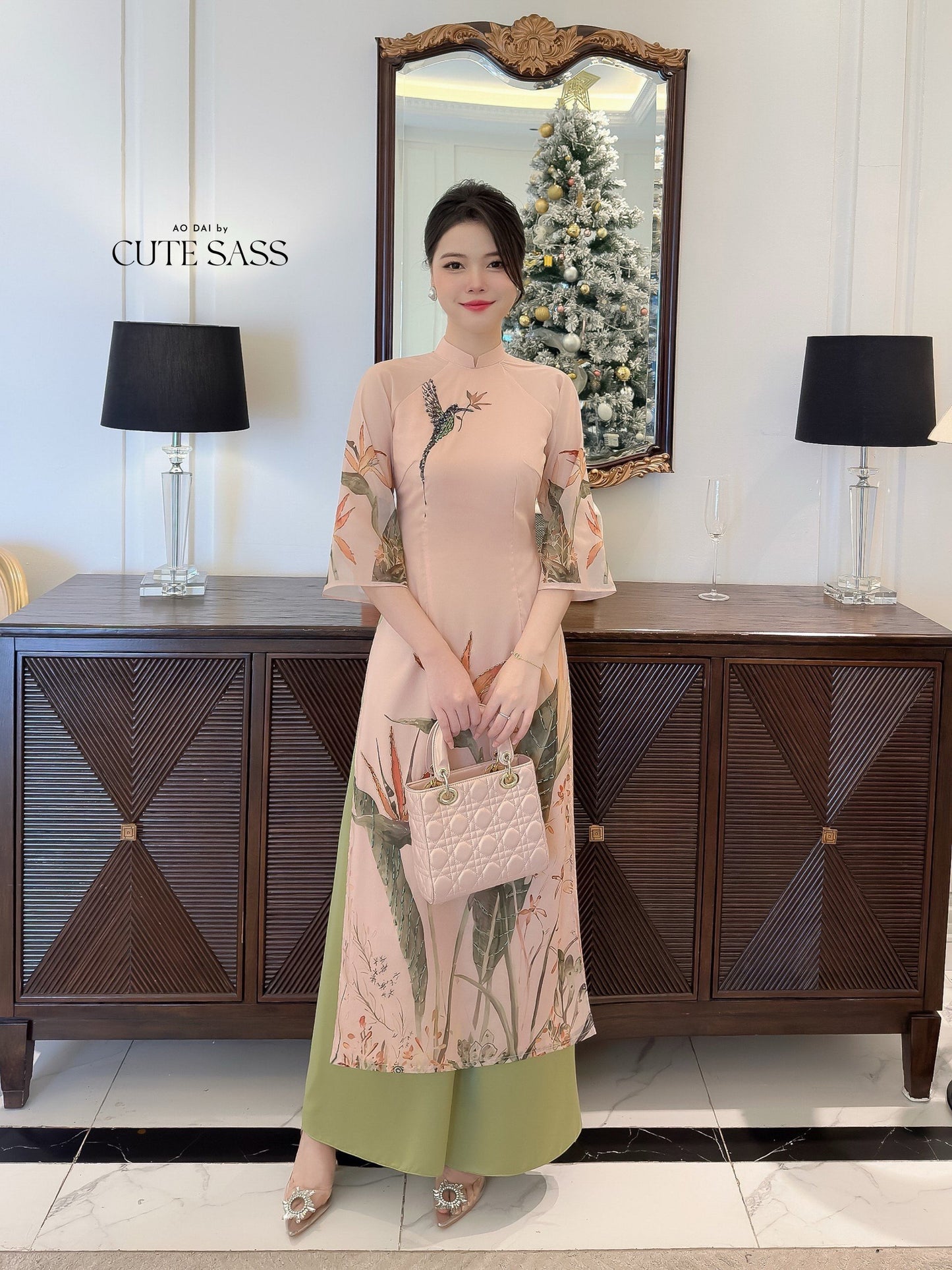 Diep Xuan - Beige Dragonfly Ao Dai Set | Pre-made Traditional Vietnamese Ao Dai| Ao Dai with Pants | Lunar New Year| Ao Dai Truyen Thong|