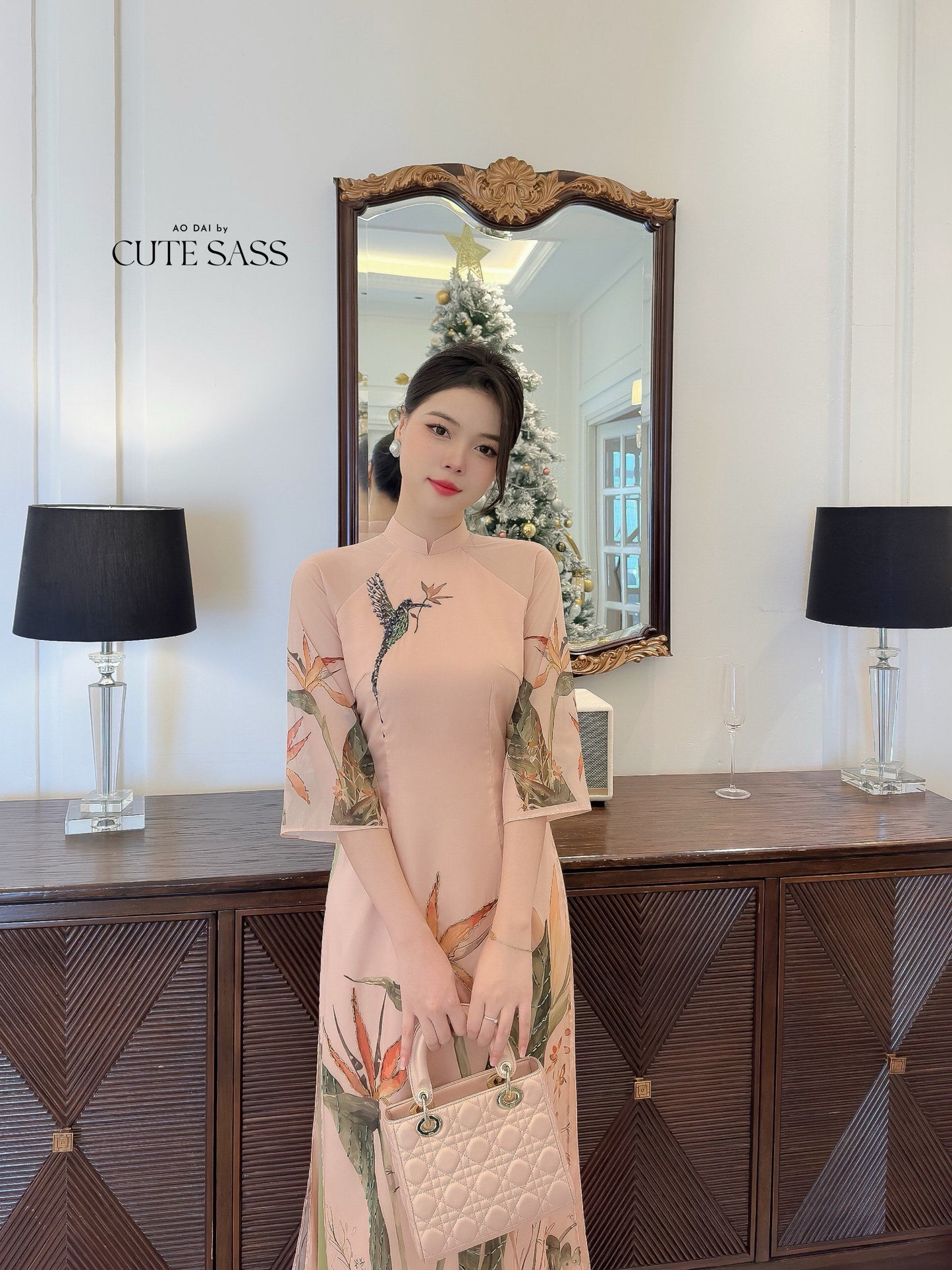 Diep Xuan - Beige Dragonfly Ao Dai Set | Pre-made Traditional Vietnamese Ao Dai| Ao Dai with Pants | Lunar New Year| Ao Dai Truyen Thong|