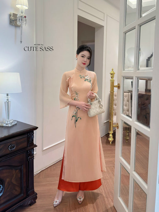 Diep Xuan - Pastel Bow Ao Dai Set | Pre-made Traditional Vietnamese Ao Dai| Ao Dai with Pants | Lunar New Year| Ao Dai Truyen Thong|