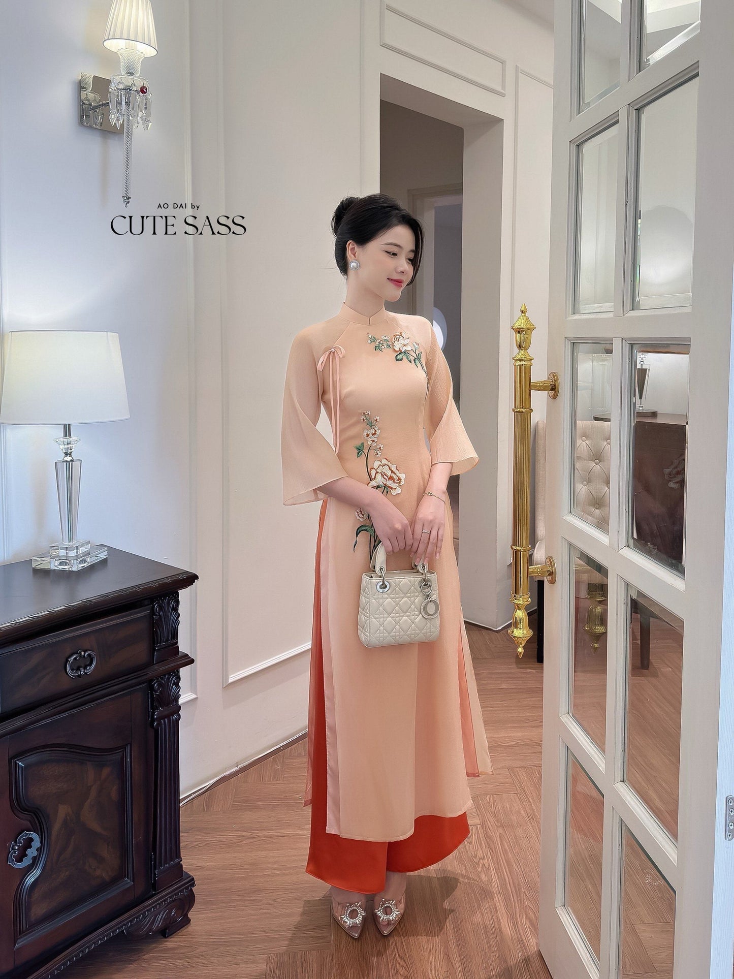 Diep Xuan - Pastel Bow Ao Dai Set | Pre-made Traditional Vietnamese Ao Dai| Ao Dai with Pants | Lunar New Year| Ao Dai Truyen Thong|