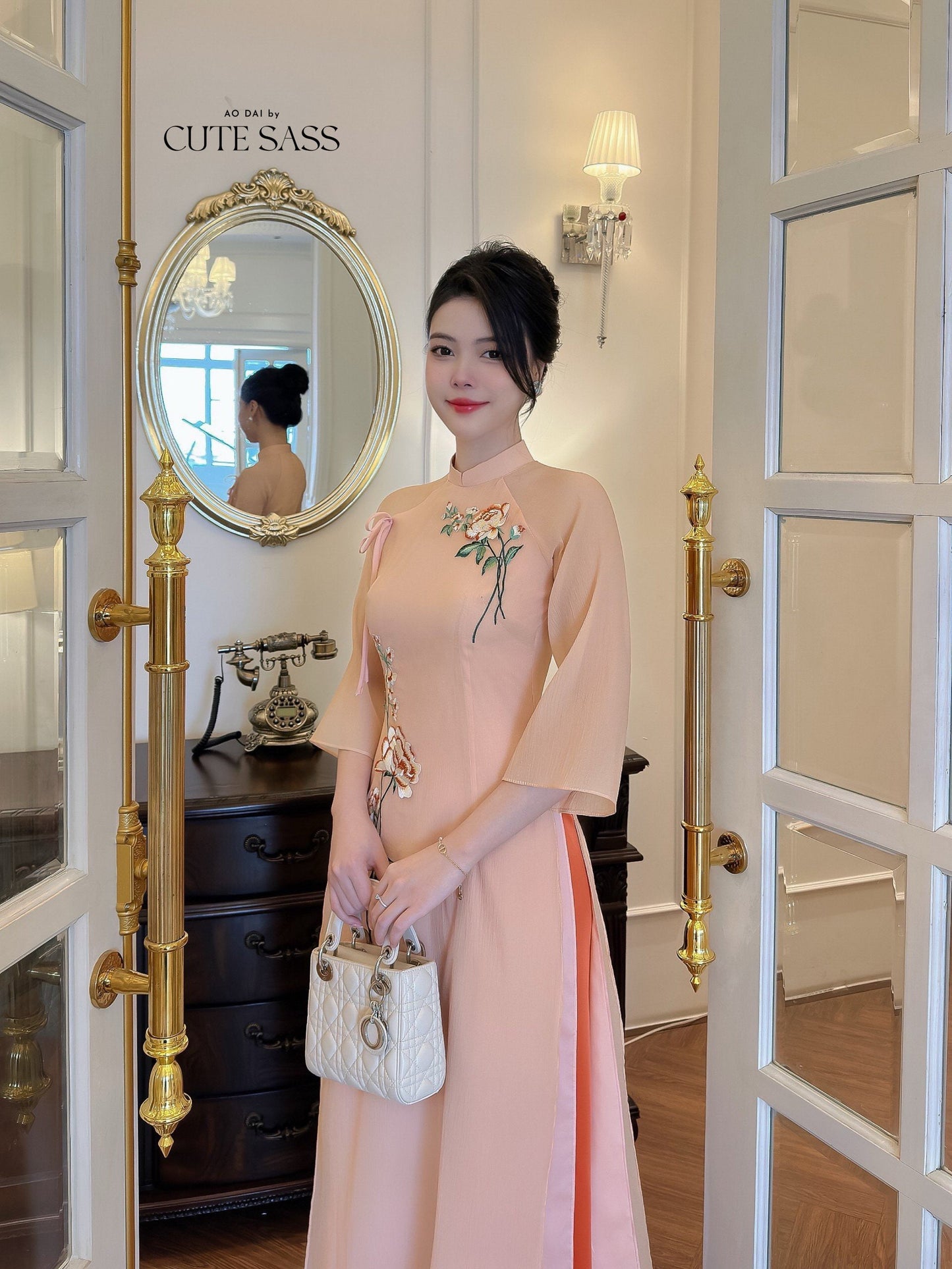 Diep Xuan - Pastel Bow Ao Dai Set | Pre-made Traditional Vietnamese Ao Dai| Ao Dai with Pants | Lunar New Year| Ao Dai Truyen Thong|
