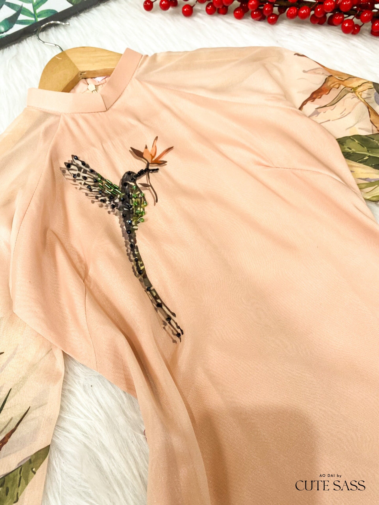 Diep Xuan - Beige Dragonfly Ao Dai Set | Pre-made Traditional Vietnamese Ao Dai| Ao Dai with Pants | Lunar New Year| Ao Dai Truyen Thong|