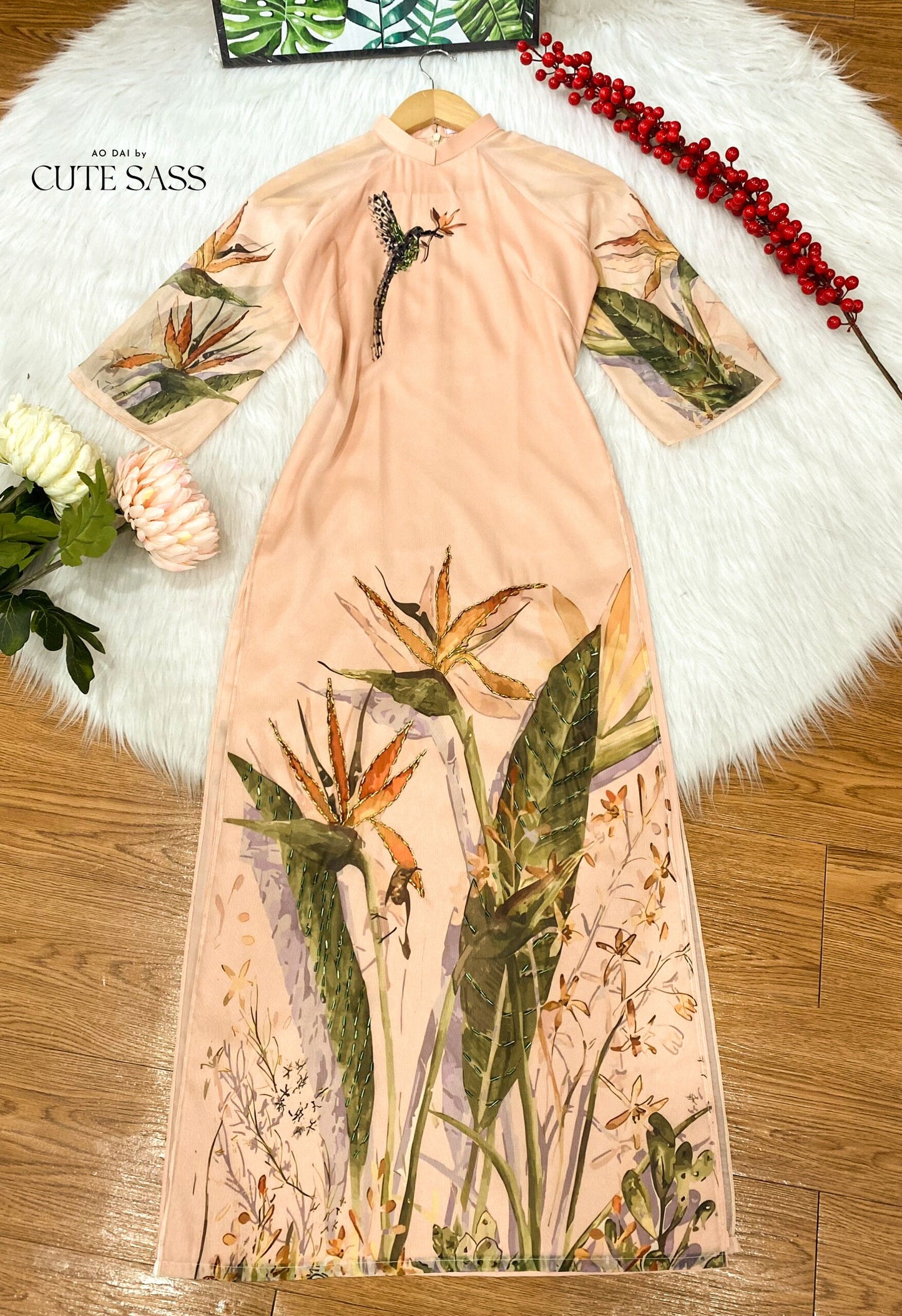 Diep Xuan - Beige Dragonfly Ao Dai Set | Pre-made Traditional Vietnamese Ao Dai| Ao Dai with Pants | Lunar New Year| Ao Dai Truyen Thong|