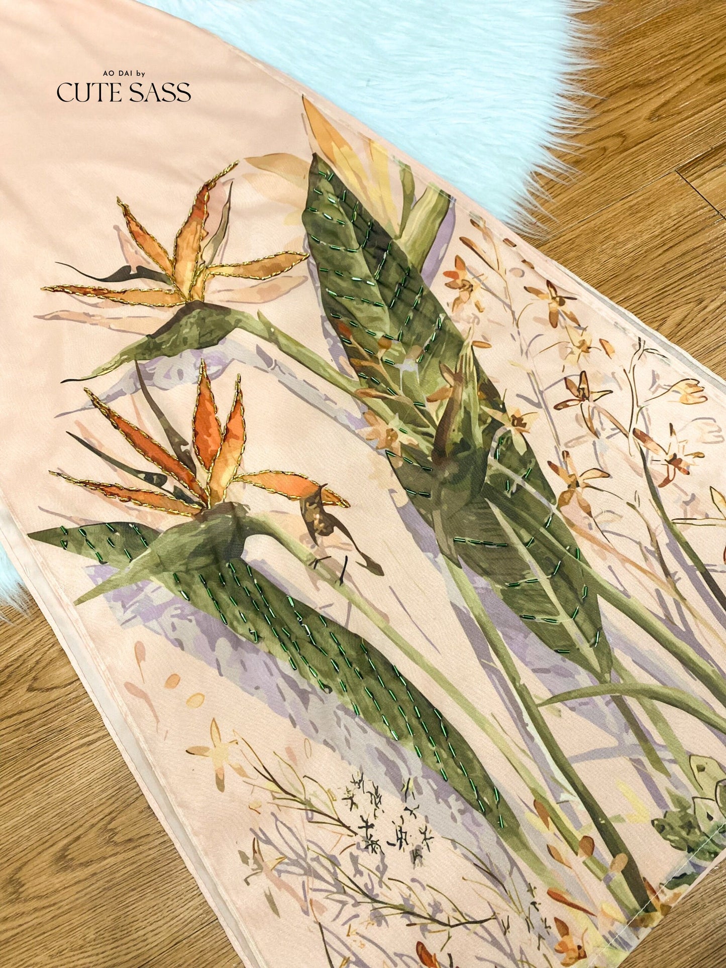 Diep Xuan - Beige Dragonfly Ao Dai Set | Pre-made Traditional Vietnamese Ao Dai| Ao Dai with Pants | Lunar New Year| Ao Dai Truyen Thong|
