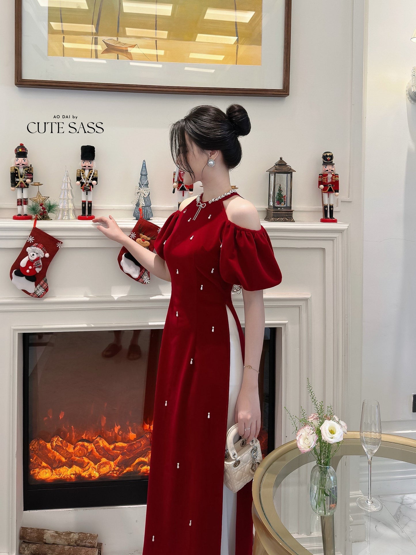Nhung Anh - Off Shoulder Hard Velvet Ao Dai Set| Pre-made Modernized Vietnamese Ao Dai|Ao Dai with Skirt | Lunar New Year|Ao Dai Cach Tan|