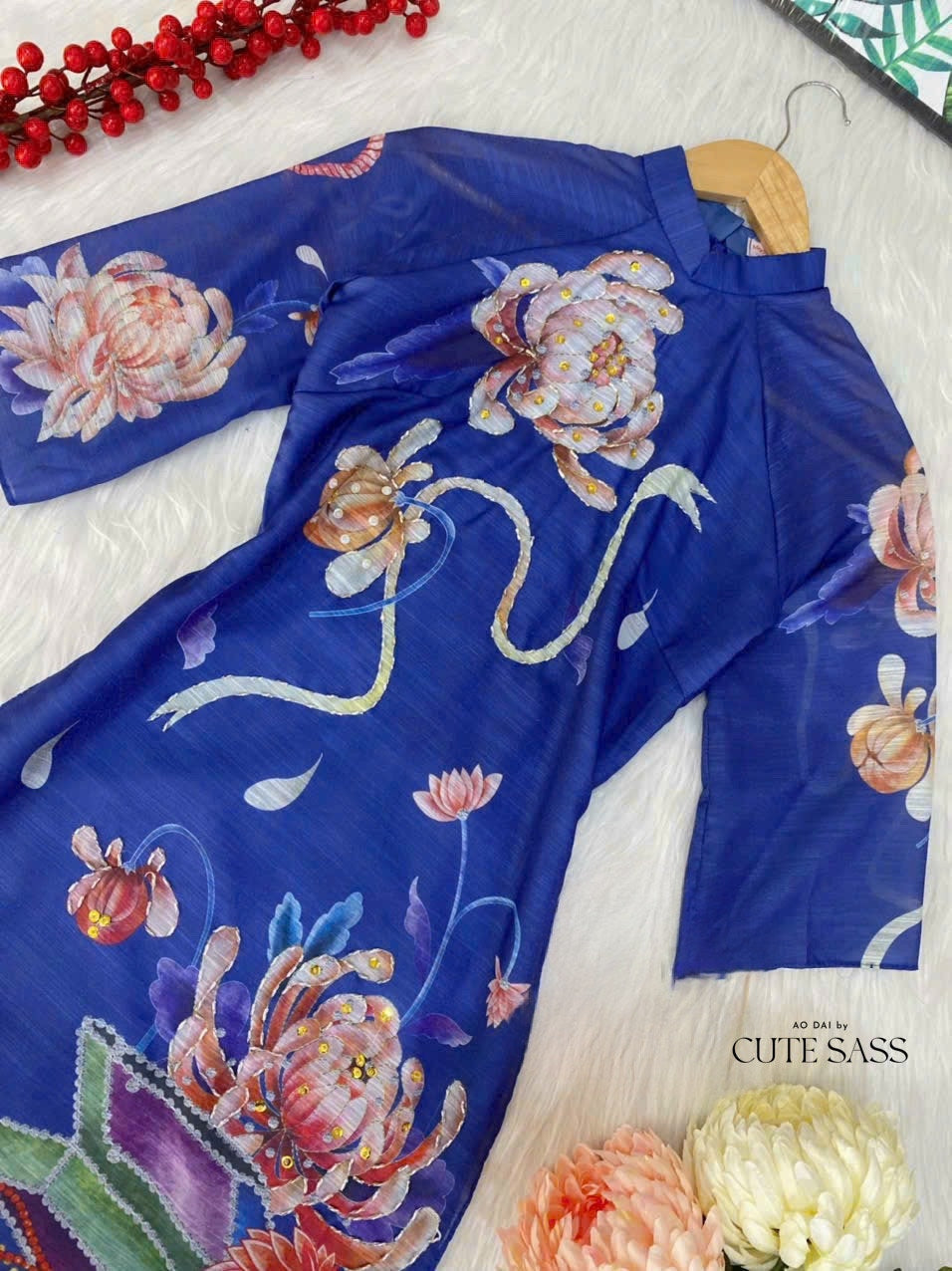Hoa Vien - Blue Ao Dai Set | Pre-made Traditional Vietnamese Ao Dai| Women Ao Dai with Pants | Lunar New Year| Ao Dai Truyen Thong|