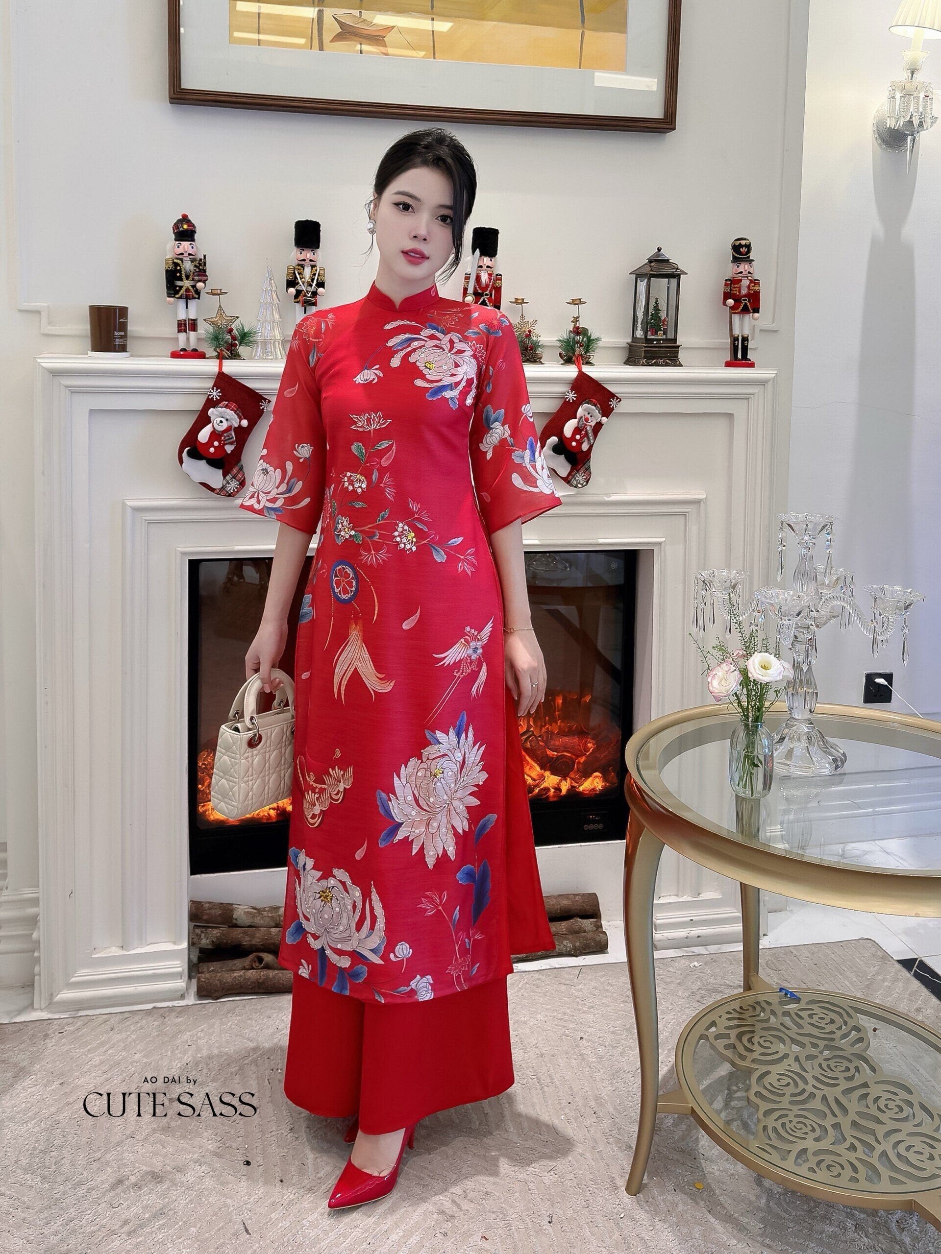traditional vietnamese new year dress Red silk design Vietnamese Ao dai| Pre-made Vietnamese Dress for Lunar New Year Ao Dai Viet Nam|Ao Dai Cach Tan with Pants Q09