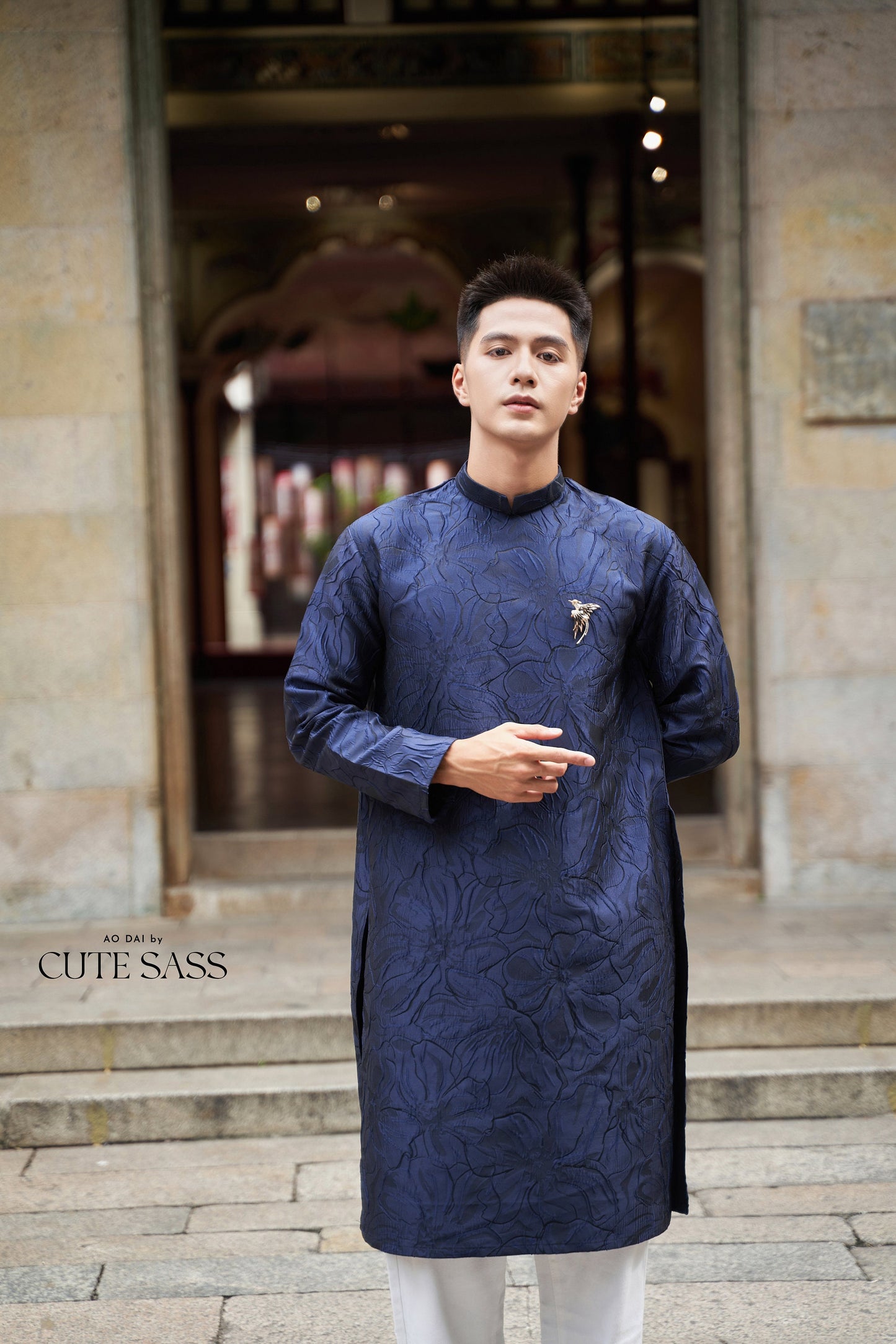 Men Dark Blue 3D Gam Ao Dai Top with Phoenix Pin| Pre-made Traditional Vietnamese Ao Dai| Lunar New Year | Ao Dai for Dad, Boy|Ao Dai Tet|