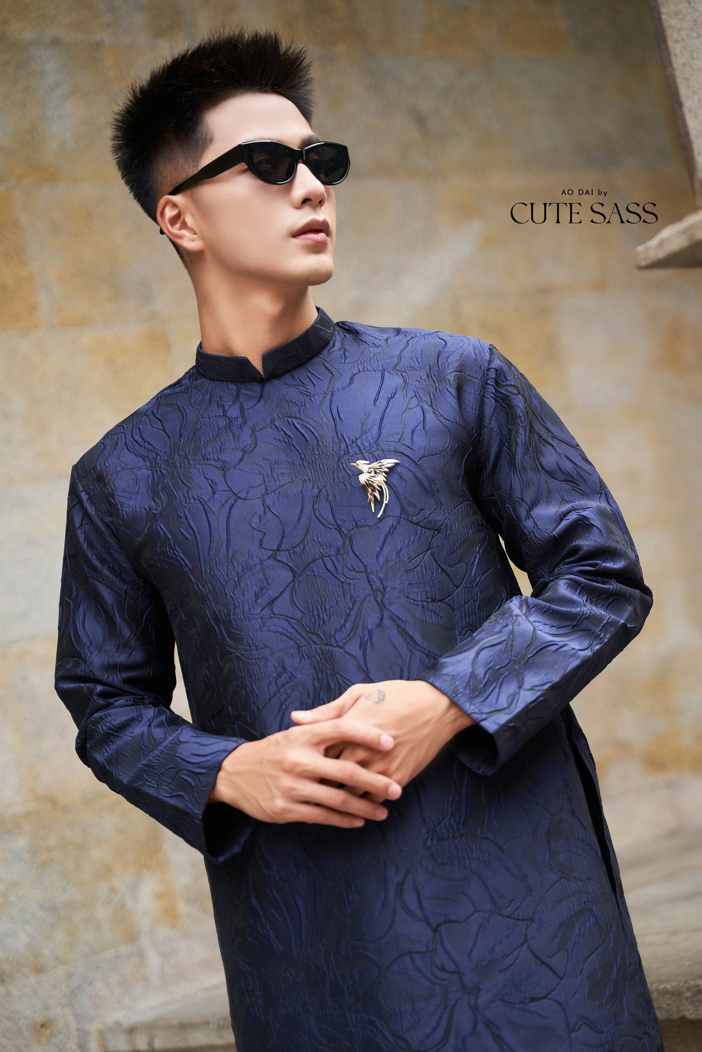 Men Dark Blue 3D Gam Ao Dai Top with Phoenix Pin| Pre-made Traditional Vietnamese Ao Dai| Lunar New Year | Ao Dai for Dad, Boy|Ao Dai Tet|