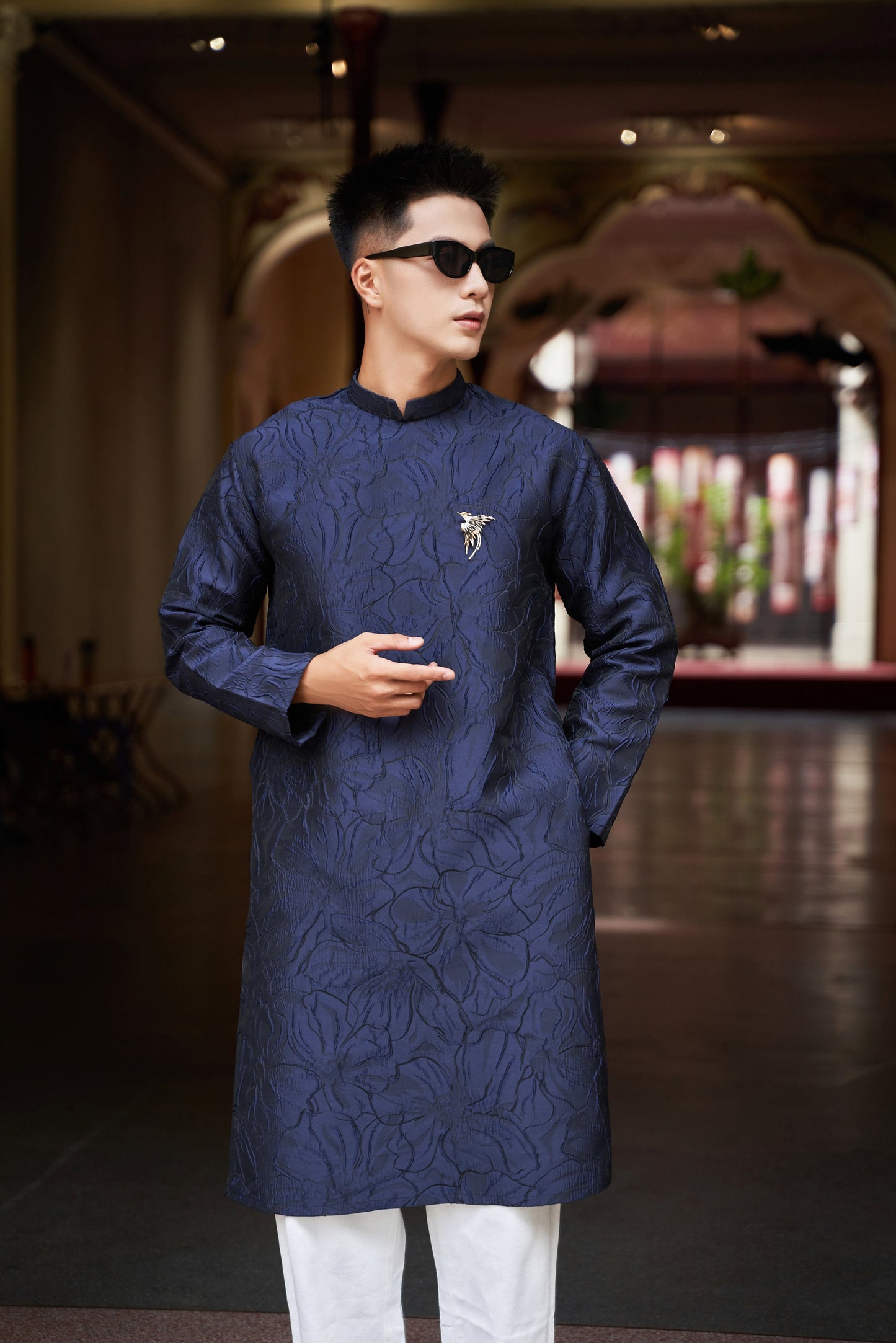 Men Dark Blue 3D Gam Ao Dai Top with Phoenix Pin| Pre-made Traditional Vietnamese Ao Dai| Lunar New Year | Ao Dai for Dad, Boy|Ao Dai Tet|