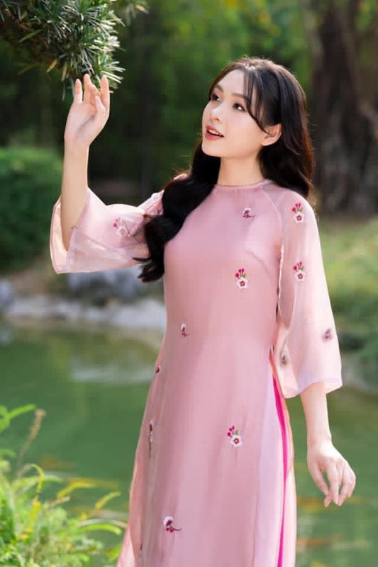 Shifted Pink Chiffon Embroidery Ao Dai Top Only, NO PANTS | Pre-made Modernized Vietnamese Ao Dai | Pastel Ao Dai | Lunar New Year|