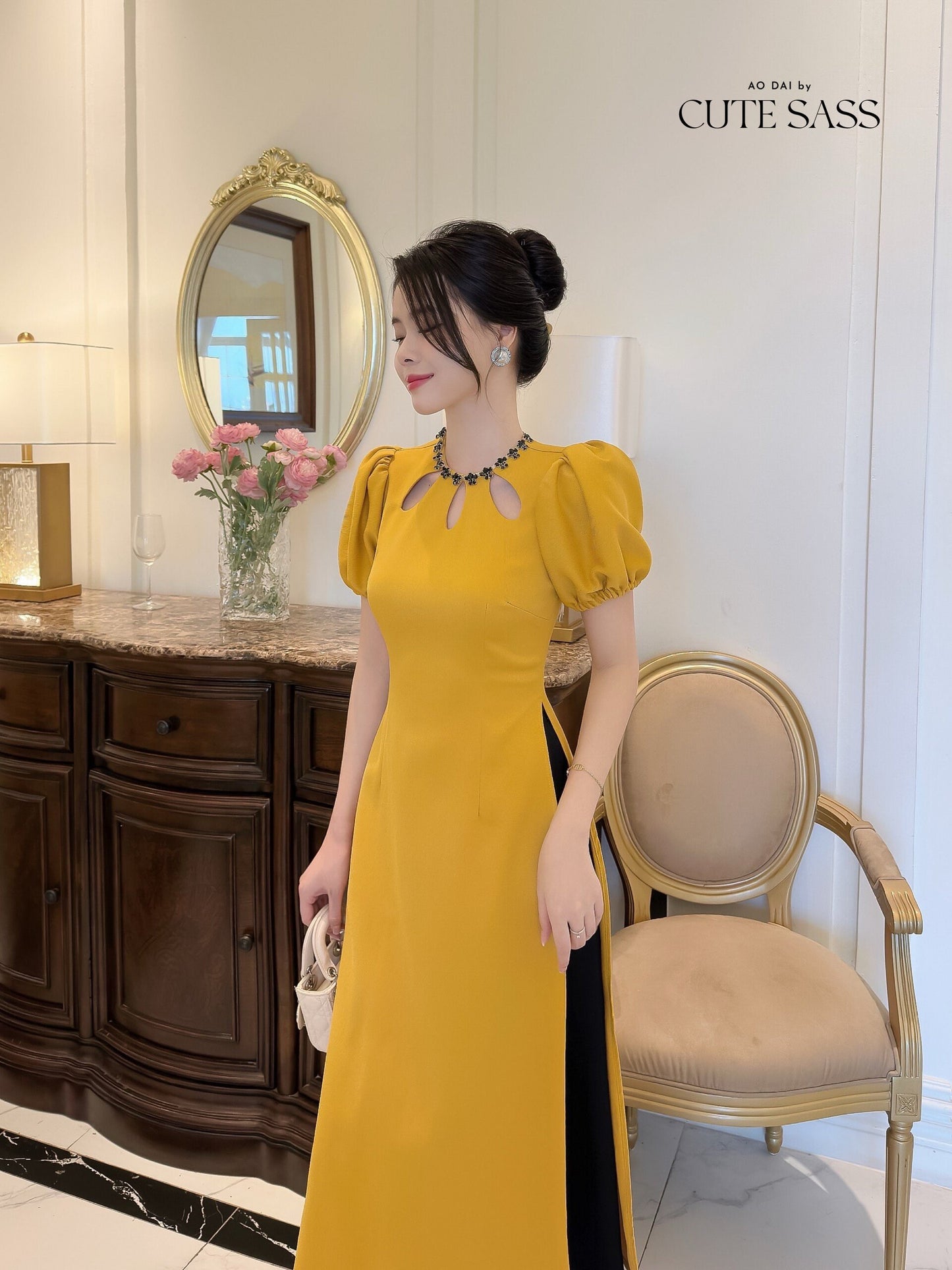 Anh Minh - Yellow Cut Out Sparkle Ao Dai Set| Pre-made Modernized Vietnamese Ao Dai|Ao Dai with Skirt | Lunar New Year|Ao Dai Cach Tan|
