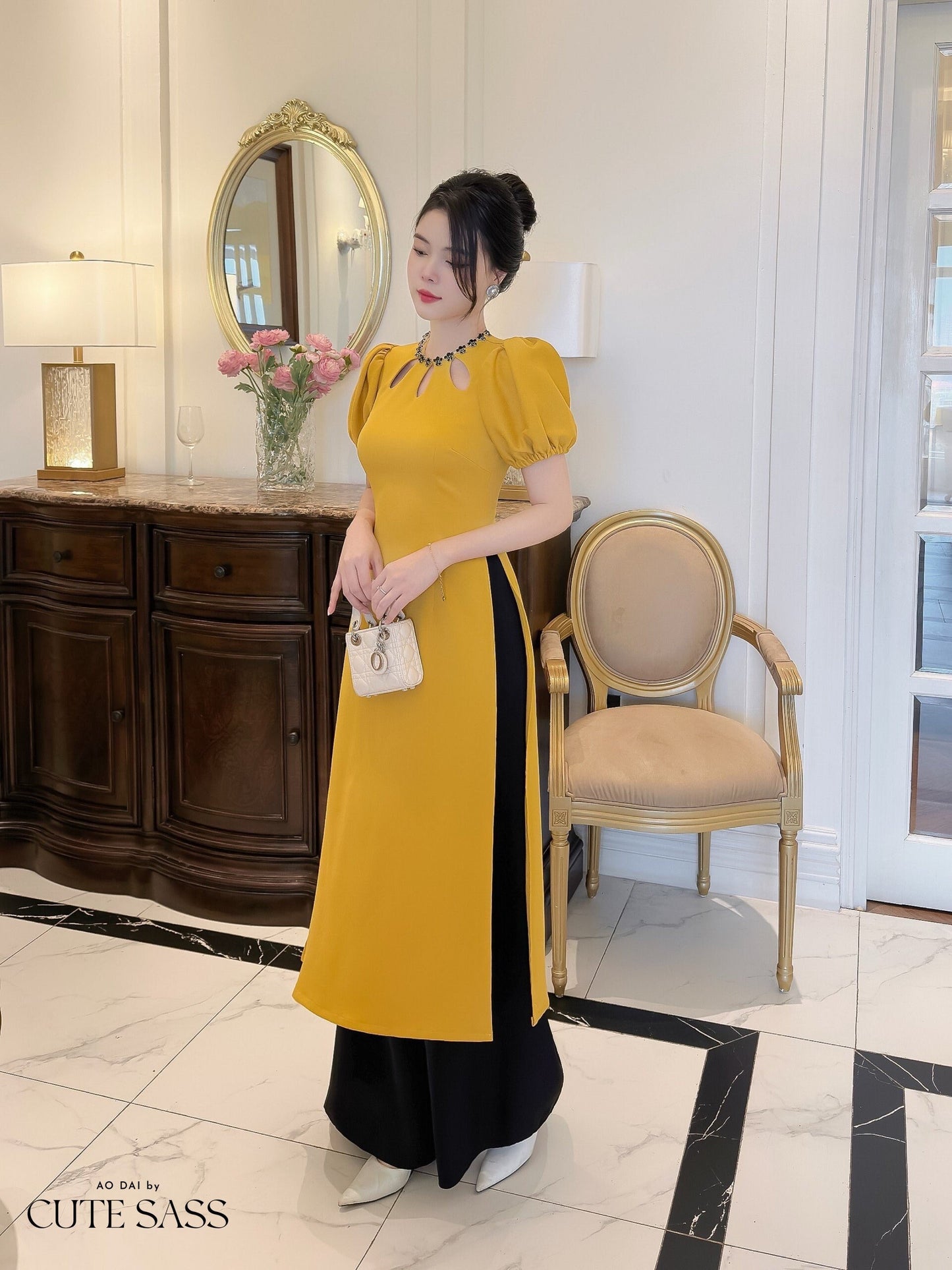 Anh Minh - Yellow Cut Out Sparkle Ao Dai Set| Pre-made Modernized Vietnamese Ao Dai|Ao Dai with Skirt | Lunar New Year|Ao Dai Cach Tan|