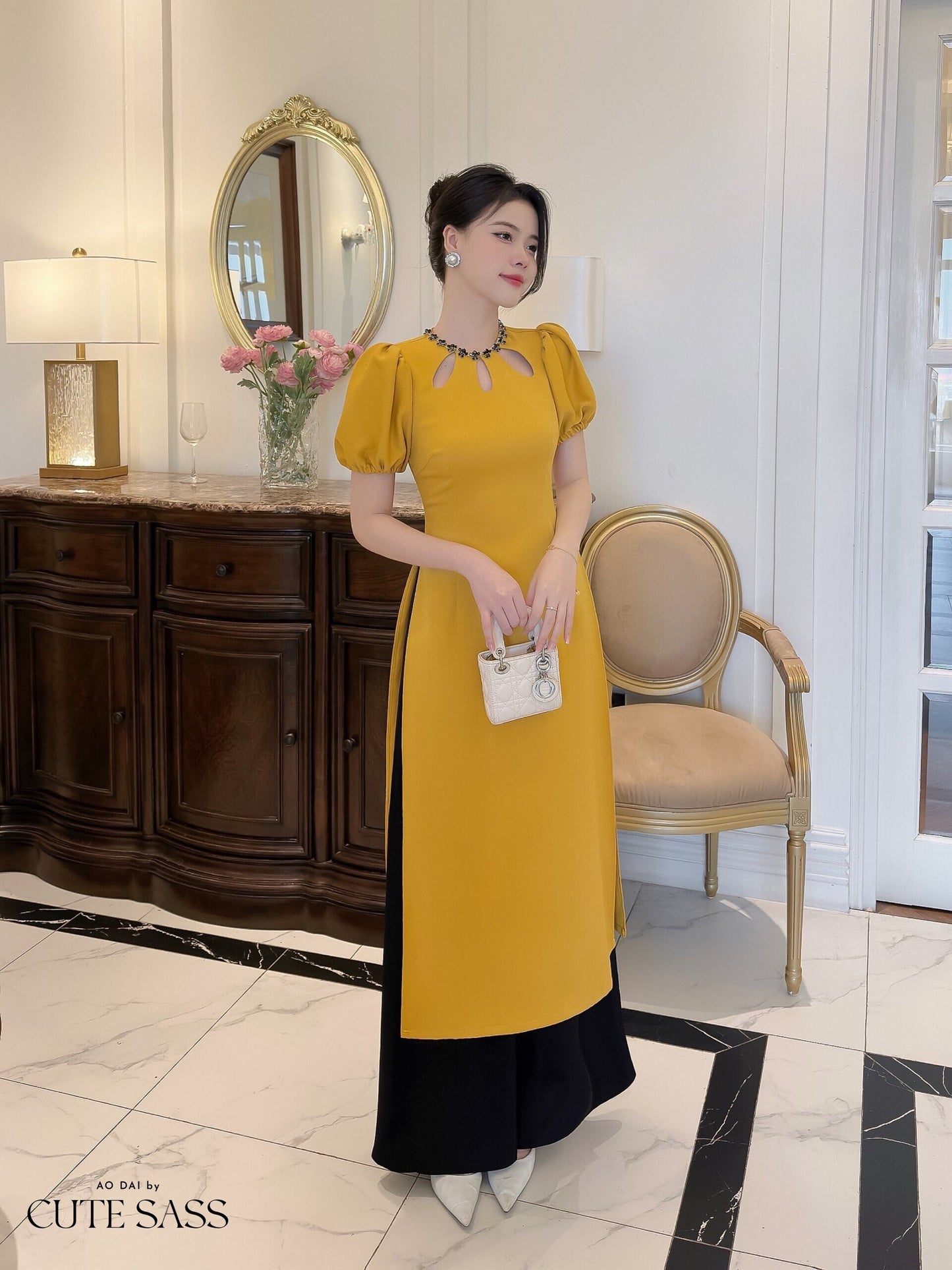 Anh Minh - Yellow Cut Out Sparkle Ao Dai Set| Pre-made Modernized Vietnamese Ao Dai|Ao Dai with Skirt | Lunar New Year|Ao Dai Cach Tan|
