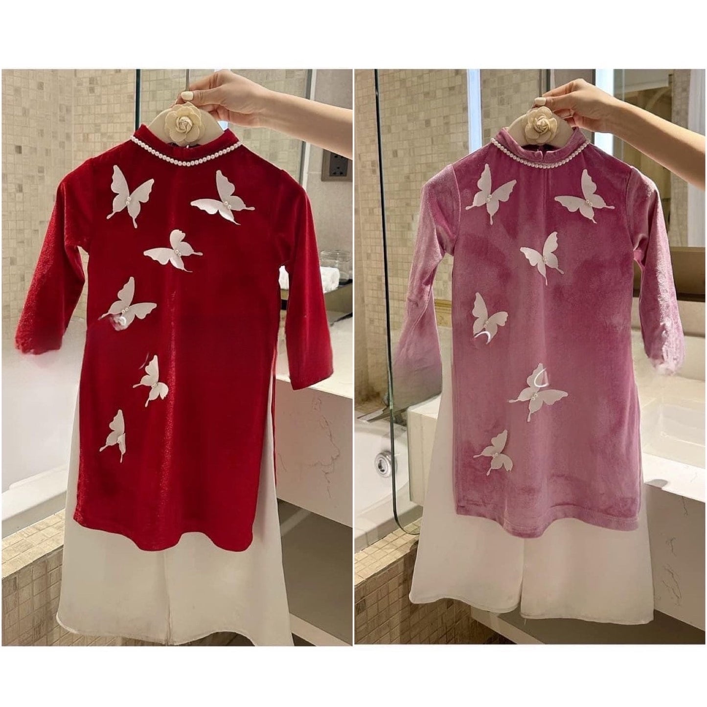 Girl Velvet Butterflies Ao Dai Set (Red, Pink) | Pre-made Traditional Vietnamese Ao Dai| Lunar New Year | Ao Dai for Girl | Ao Dai Tet |