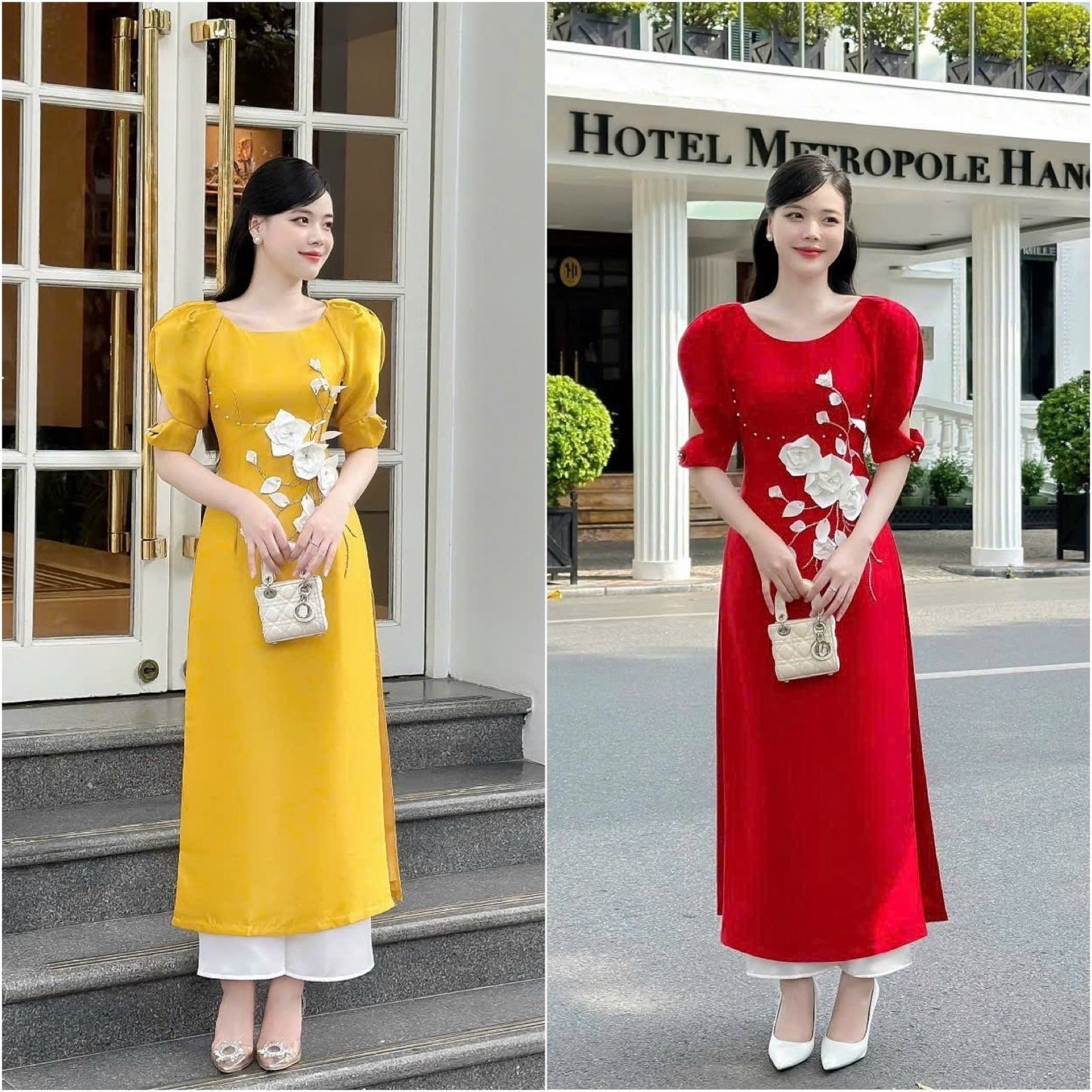 Red/Yellow Cut-out Puffy Sleeve Ao Dai Set | Pre-made Modernized Vietnamese Ao Dai| Women Ao Dai with Pants| Lunar New Year|Ao Dai Cach Tan