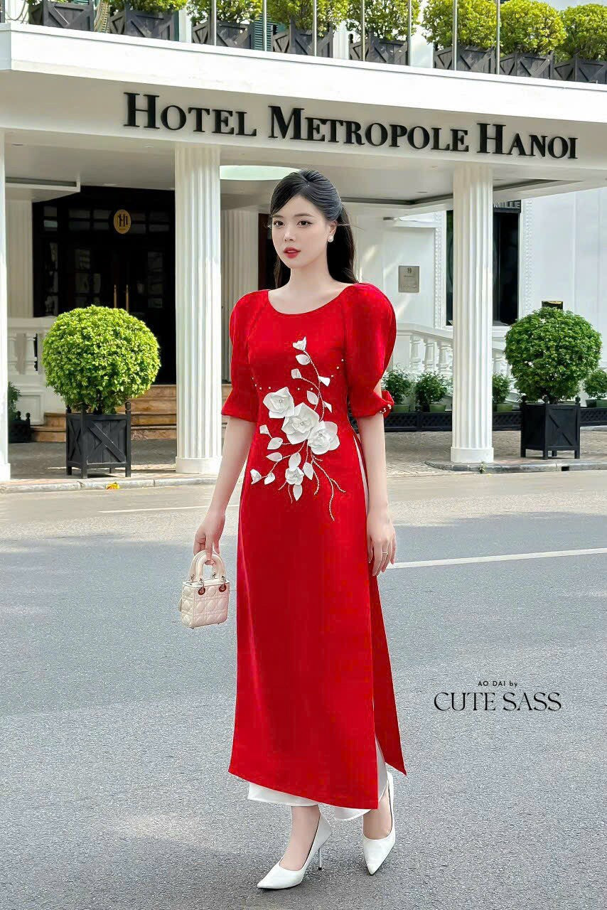 Red/Yellow Cut-out Puffy Sleeve Ao Dai Set | Pre-made Modernized Vietnamese Ao Dai| Women Ao Dai with Pants| Lunar New Year|Ao Dai Cach Tan
