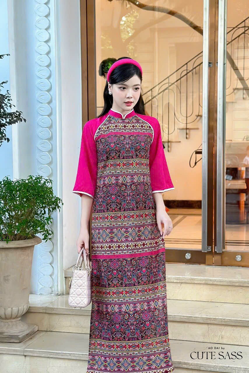 Pink Motif Ao Dai Set | Pre-made Modernized Vietnamese Ao Dai| Women Ao Dai with Pants | Lunar New Year| Ao Dai Truyen Thong|