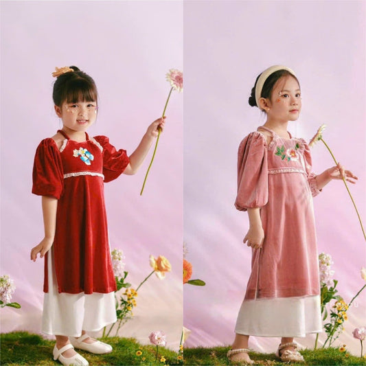 Girl Halter Velvet Ao Dai Set (Red, Pink) | Pre-made Traditional Vietnamese Ao Dai| Lunar New Year | Ao Dai for Girl | Ao Dai Tet |