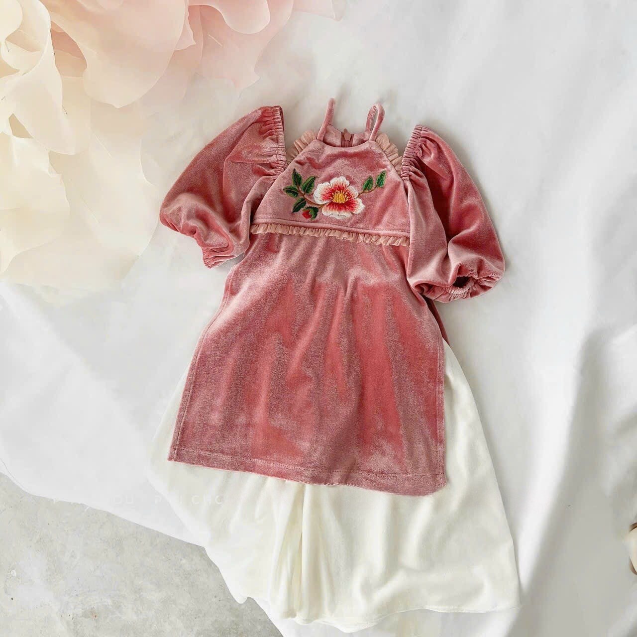 Girl Halter Velvet Ao Dai Set (Red, Pink) | Pre-made Traditional Vietnamese Ao Dai| Lunar New Year | Ao Dai for Girl | Ao Dai Tet |