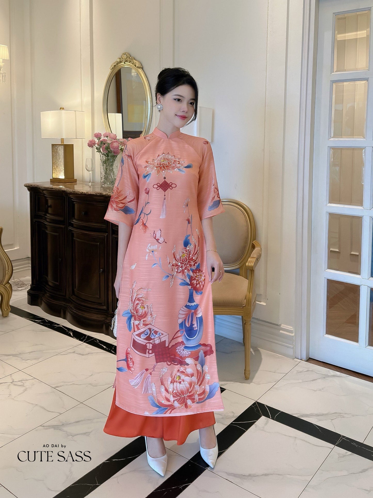 Hoa Vien - Coral Ao Dai Set | Pre-made Traditional Vietnamese Ao Dai| Women Ao Dai with Pants | Lunar New Year| Ao Dai Truyen Thong|