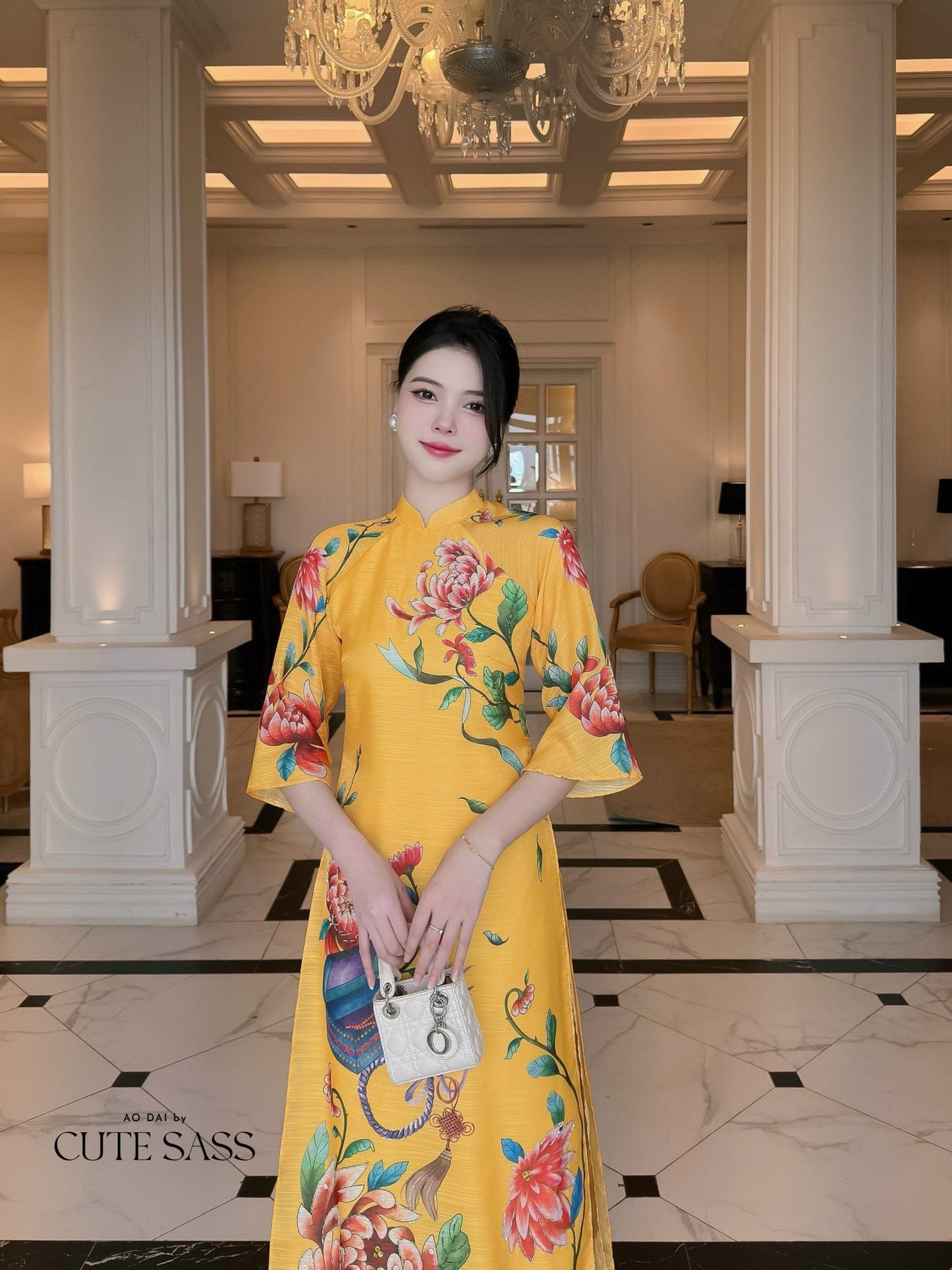 Hoa Vien - Yellow Ao Dai Set | Pre-made Traditional Vietnamese Ao Dai| Women Ao Dai with Pants | Lunar New Year| Ao Dai Truyen Thong|