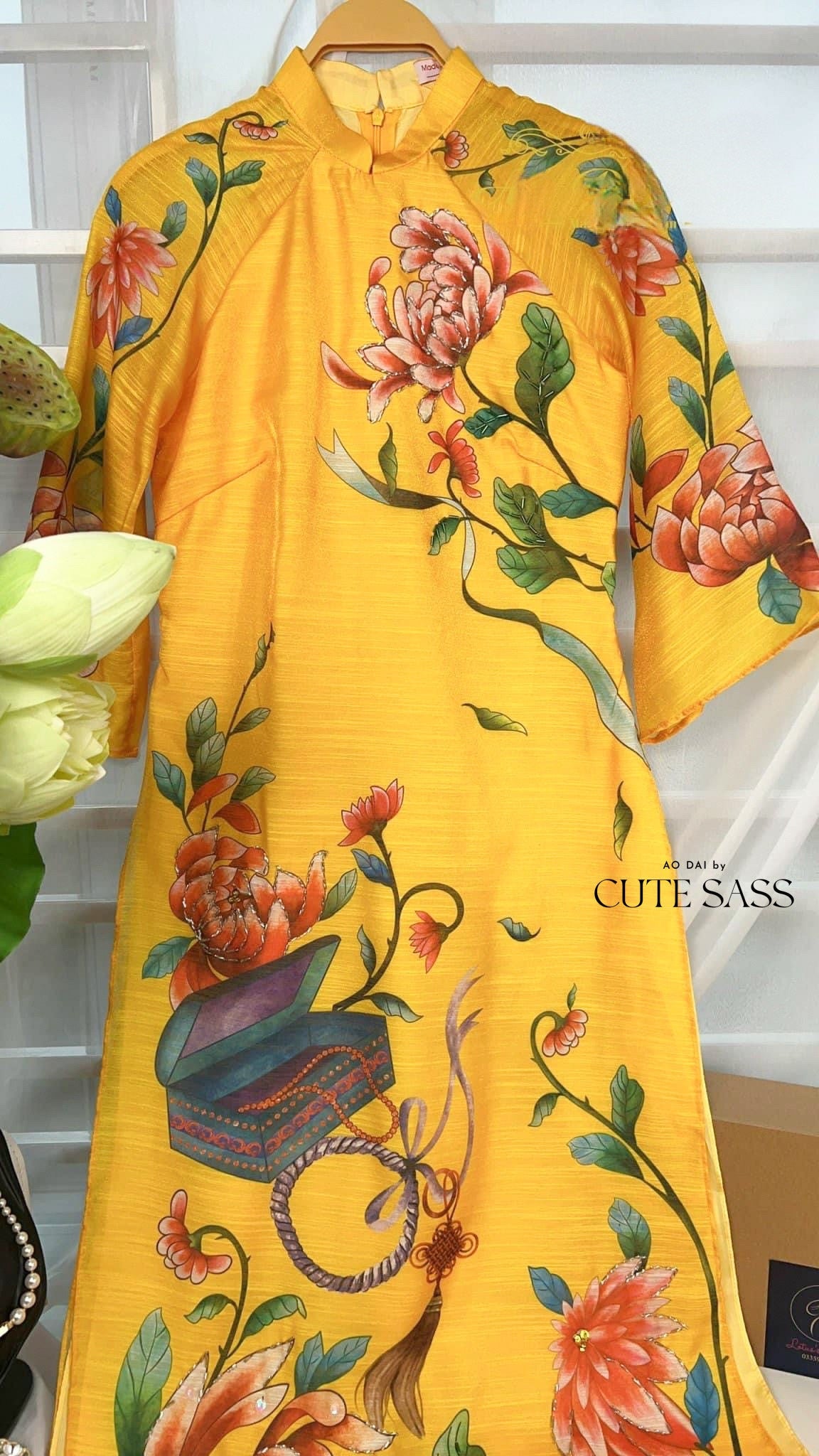 Hoa Vien - Yellow Ao Dai Set | Pre-made Traditional Vietnamese Ao Dai| Women Ao Dai with Pants | Lunar New Year| Ao Dai Truyen Thong|