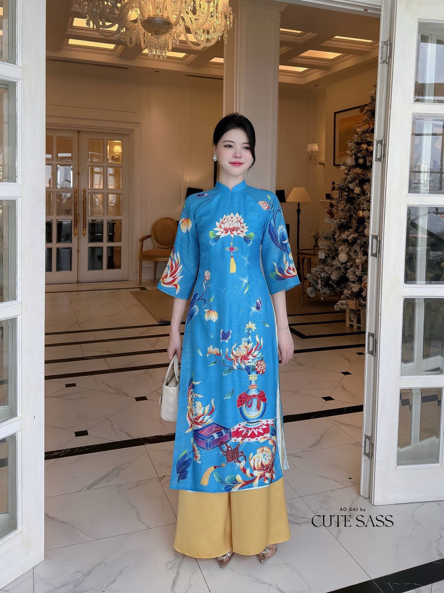 Hoa Vien - Turquoise Ao Dai Set | Pre-made Traditional Vietnamese Ao Dai| Women Ao Dai with Pants | Lunar New Year| Ao Dai Truyen Thong|