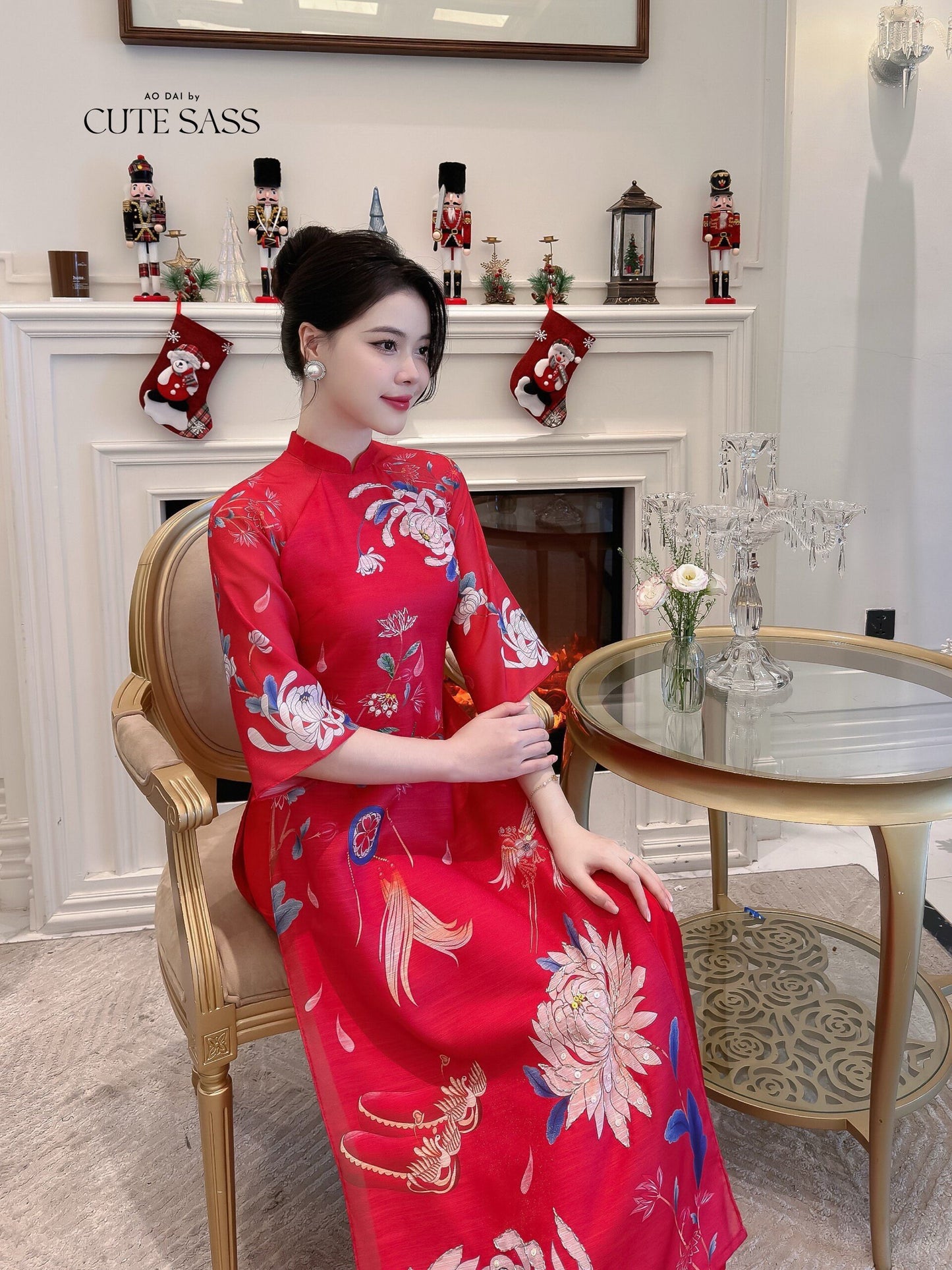 Hoa Vien - Red Ao Dai Set | Pre-made Traditional Vietnamese Ao Dai| Women Ao Dai with Pants | Lunar New Year| Ao Dai Truyen Thong|