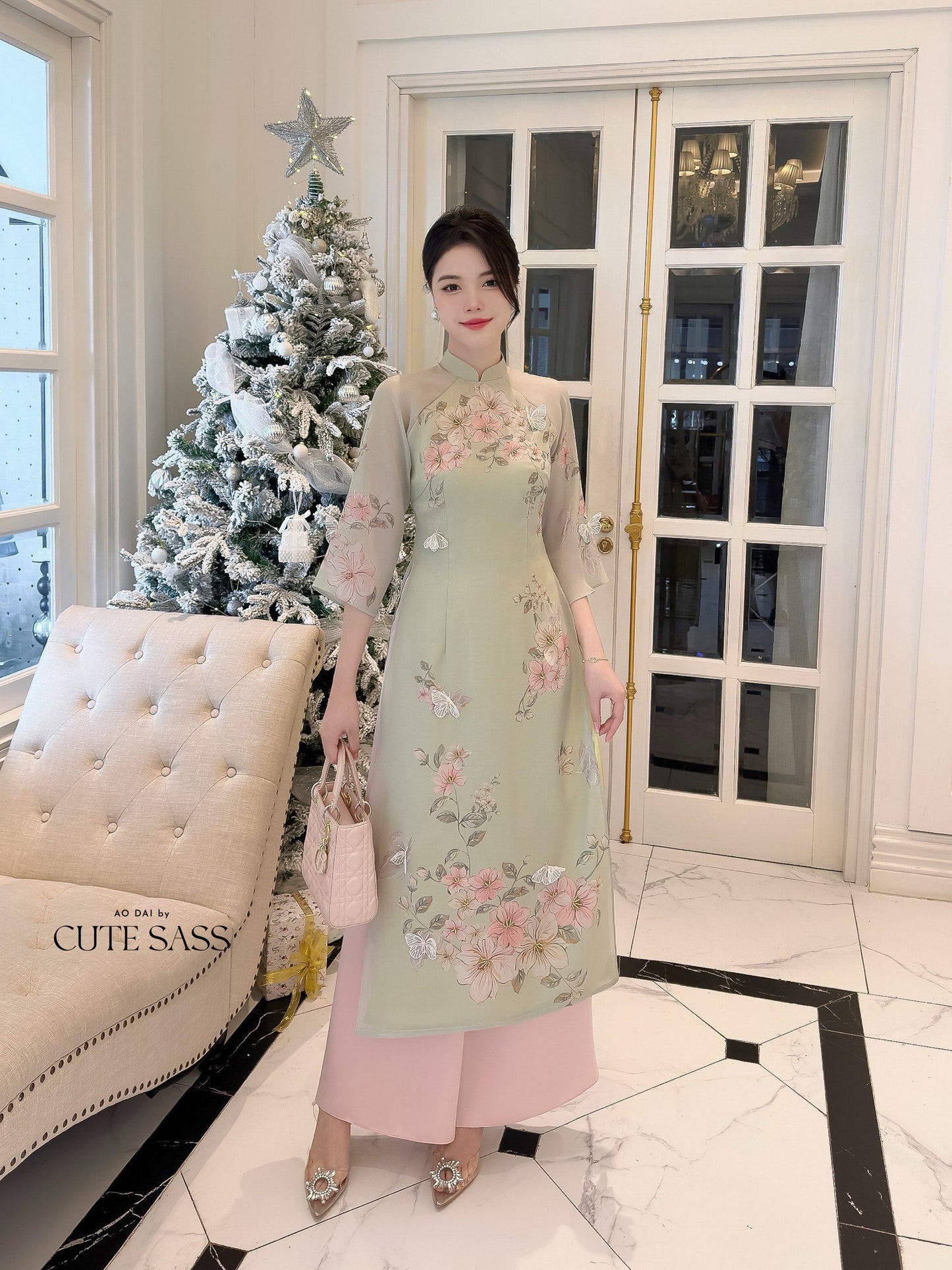 Diep Xuan - Green Ao Dai Set | Pre-made Traditional Vietnamese Ao Dai| Women Ao Dai with Pants | Lunar New Year| Ao Dai Truyen Thong|