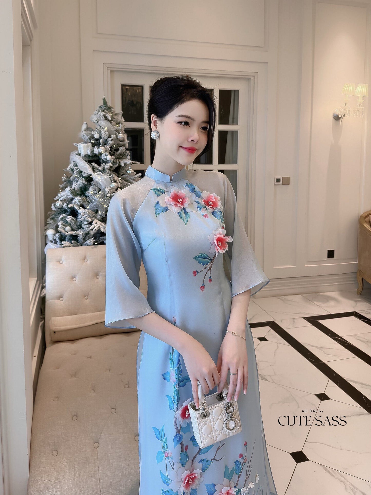 Diep Xuan - Blue Ao Dai Set | Pre-made Traditional Vietnamese Ao Dai| Women Ao Dai with Pants | Lunar New Year| Ao Dai Truyen Thong|