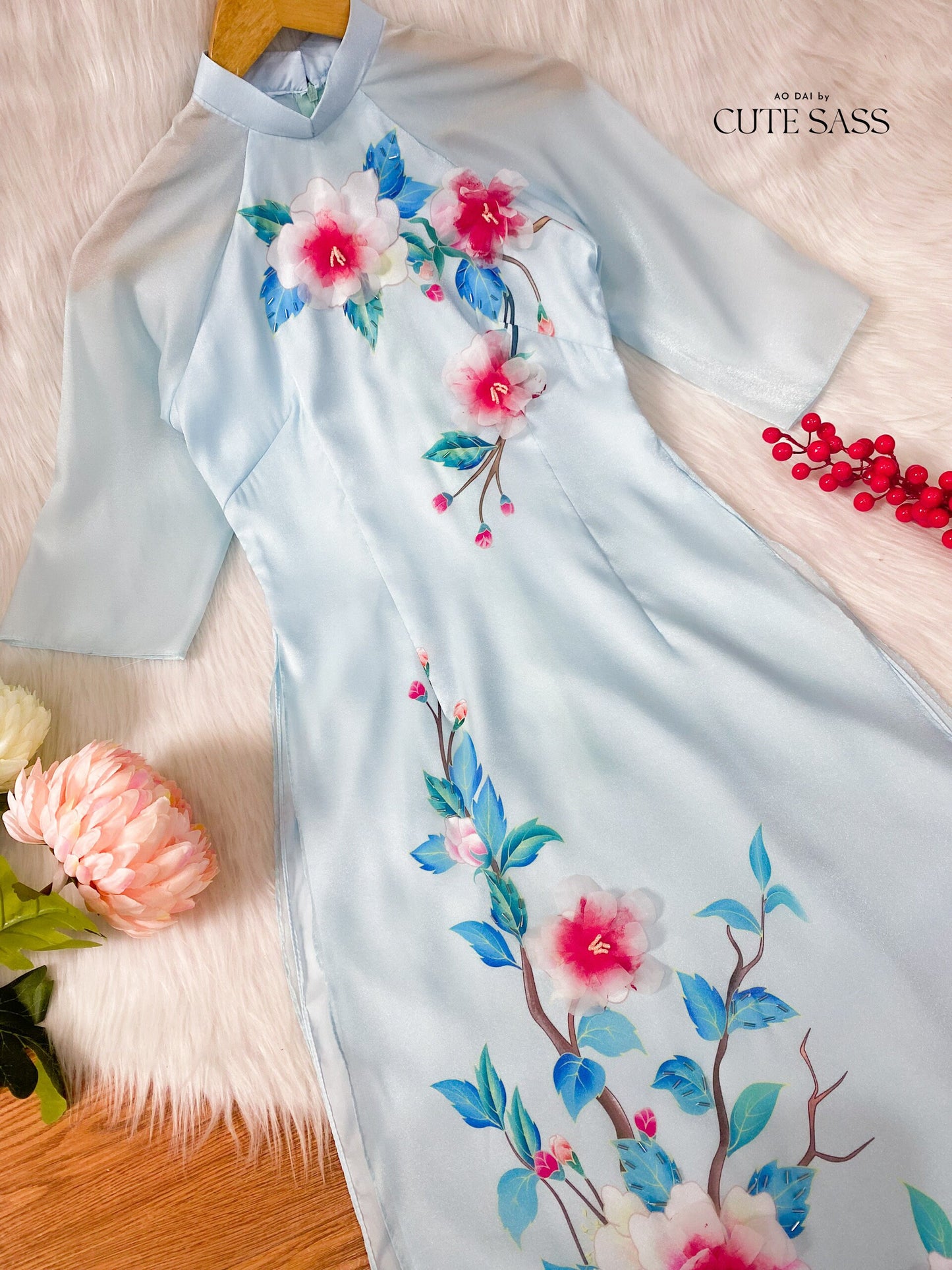 Diep Xuan - Blue Ao Dai Set | Pre-made Traditional Vietnamese Ao Dai| Women Ao Dai with Pants | Lunar New Year| Ao Dai Truyen Thong|
