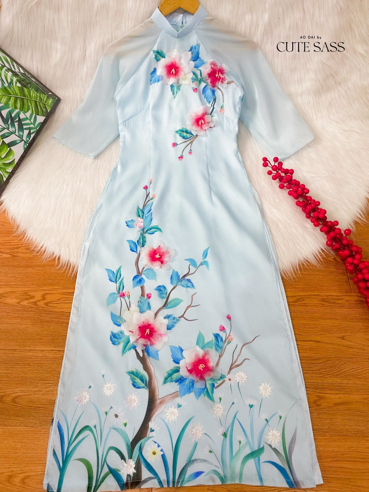 Diep Xuan - Blue Ao Dai Set | Pre-made Traditional Vietnamese Ao Dai| Women Ao Dai with Pants | Lunar New Year| Ao Dai Truyen Thong|