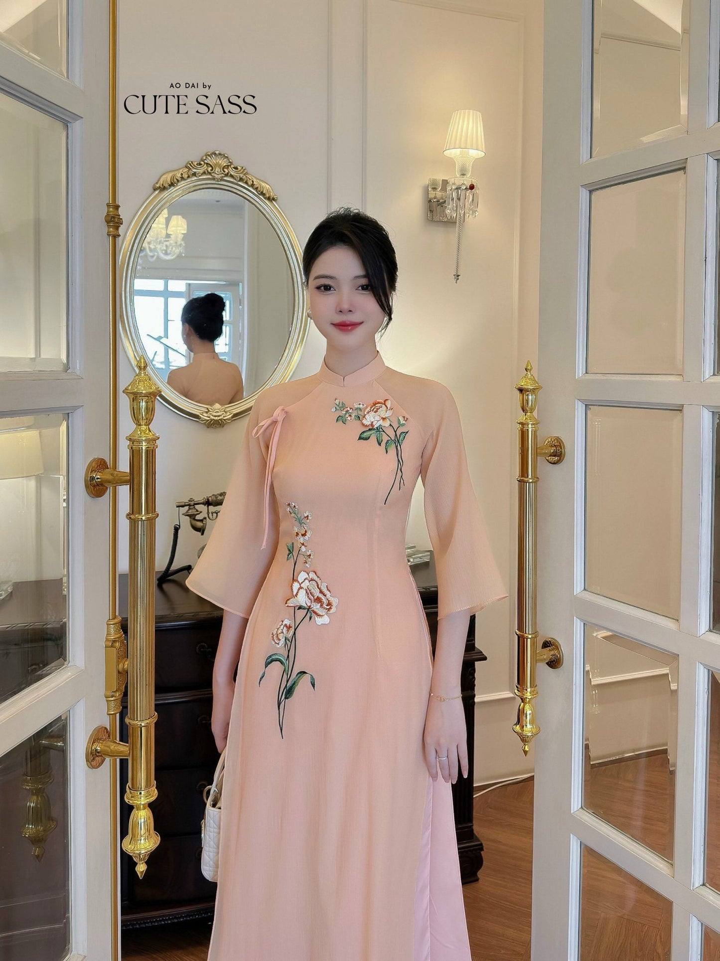 Diep Xuan - Pastel Bow Ao Dai Set | Pre-made Traditional Vietnamese Ao Dai| Ao Dai with Pants | Lunar New Year| Ao Dai Truyen Thong|