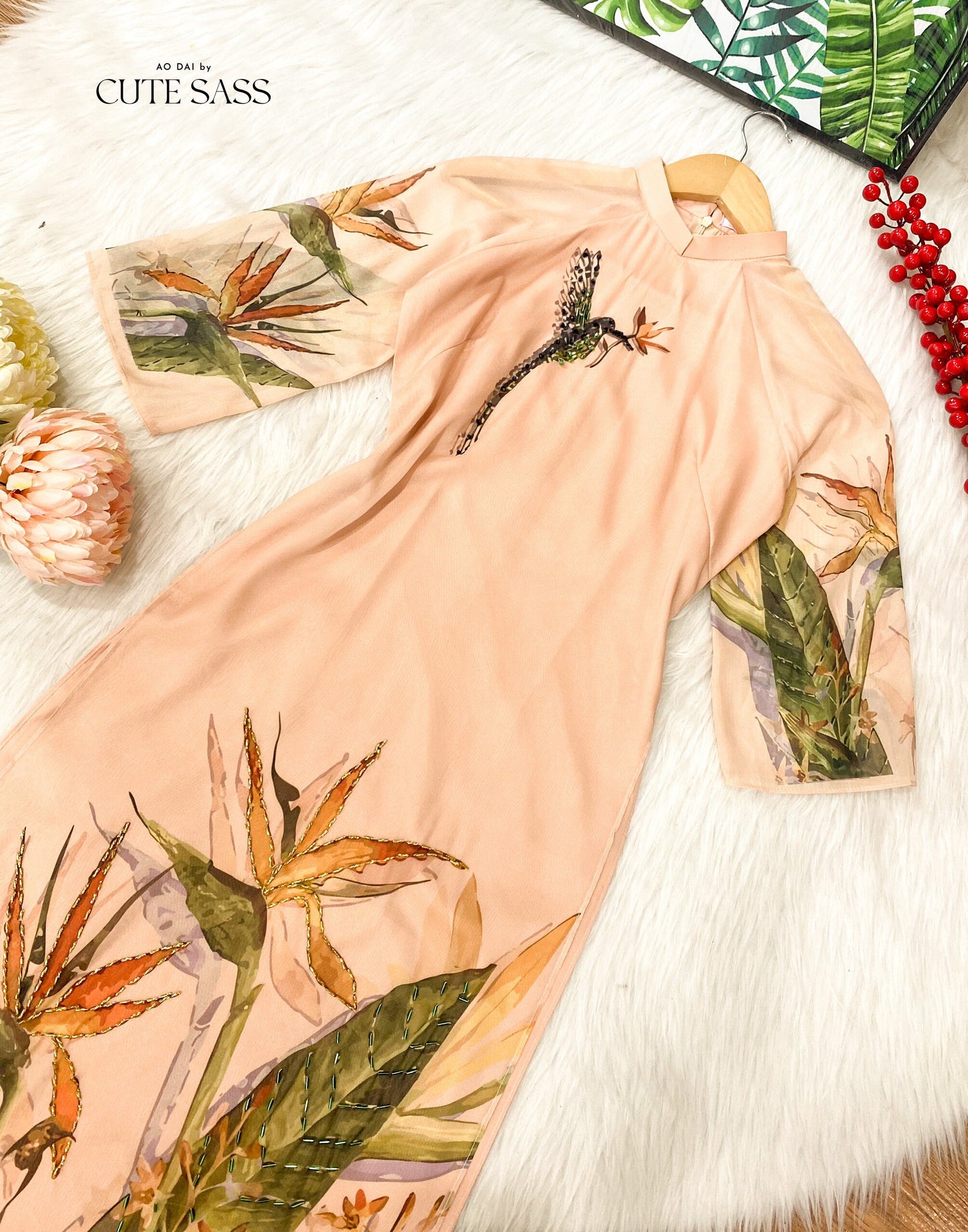 Diep Xuan - Beige Dragonfly Ao Dai Set | Pre-made Traditional Vietnamese Ao Dai| Ao Dai with Pants | Lunar New Year| Ao Dai Truyen Thong|