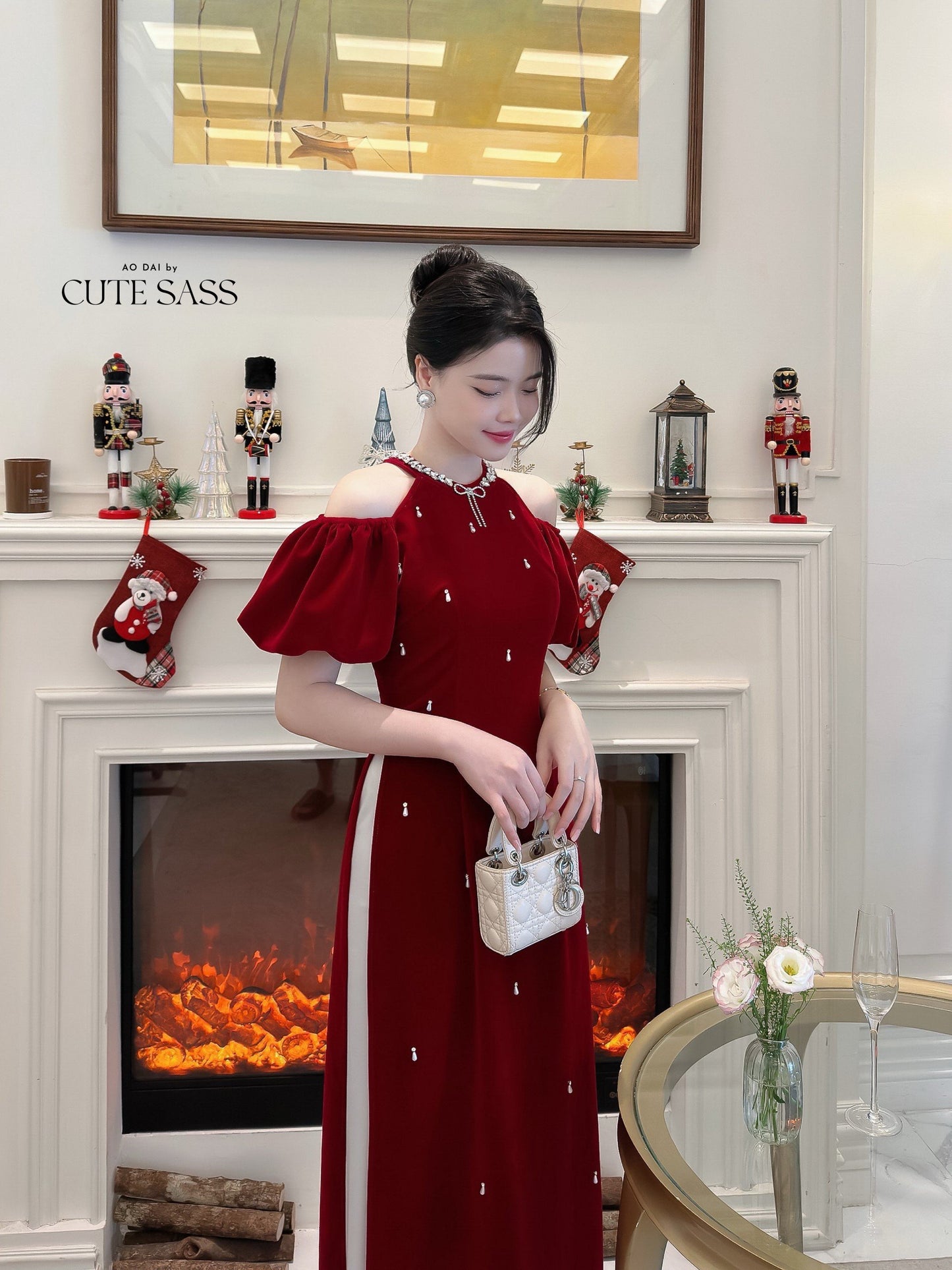 Nhung Anh - Off Shoulder Hard Velvet Ao Dai Set| Pre-made Modernized Vietnamese Ao Dai|Ao Dai with Skirt | Lunar New Year|Ao Dai Cach Tan|