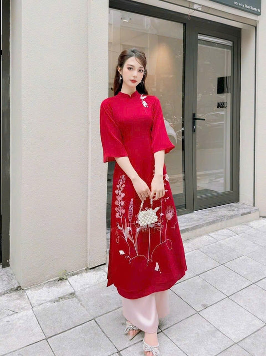 Red Embroidery Butterfly Ao Dai Set | Pre-made Modernized Vietnamese Ao Dai | Women Ao Dai with Pants | Lunar New Year| Ao Dai Cach Tan |B4