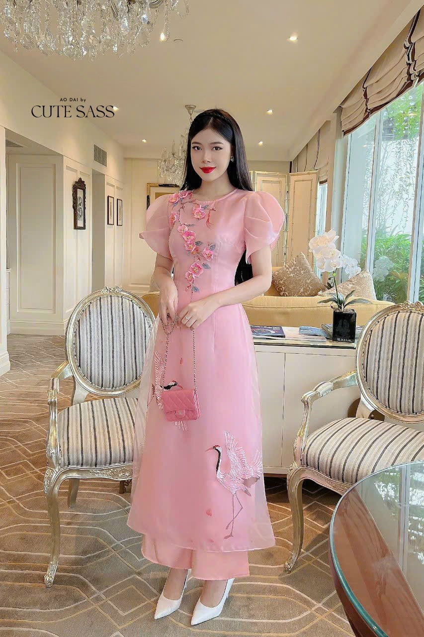 Pink Short Sleeves 3D Branches Ao Dai Set | Pre-made Modernized Vietnamese Ao Dai | Ao Dai Viet Nam | Lunar New Year | Ao Dai Cach Tan|
