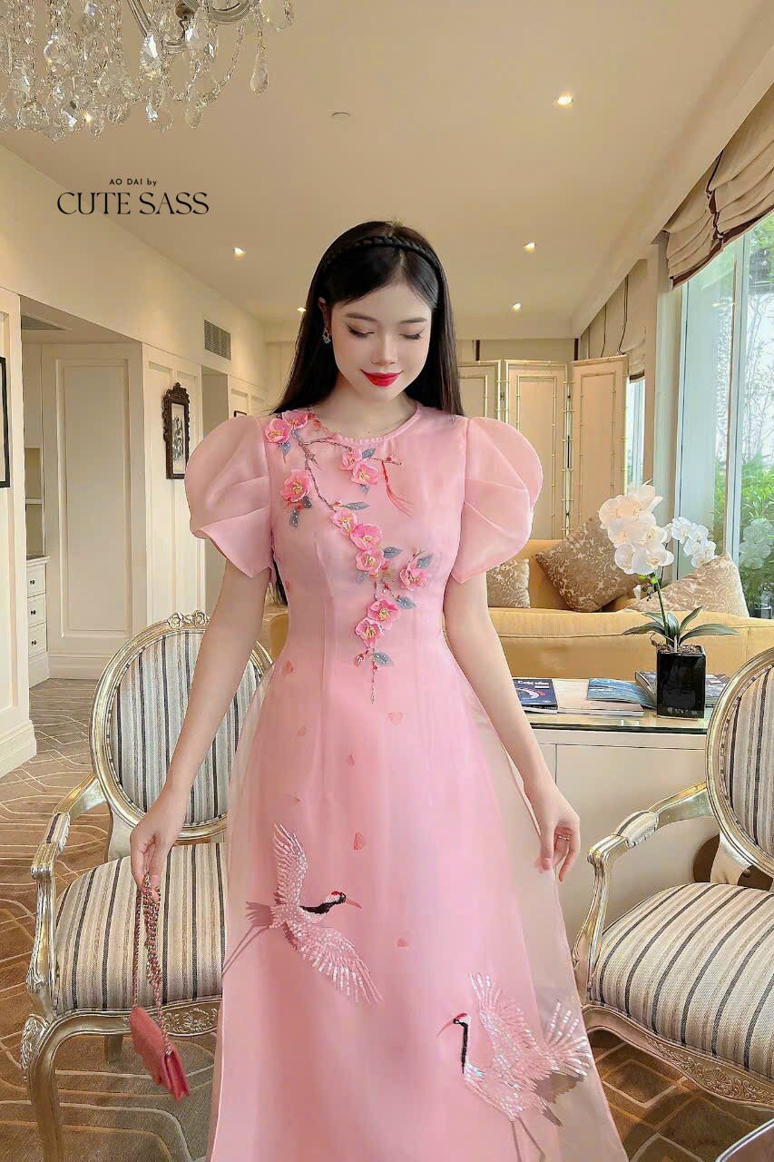 Pink Short Sleeves 3D Branches Ao Dai Set | Pre-made Modernized Vietnamese Ao Dai | Ao Dai Viet Nam | Lunar New Year | Ao Dai Cach Tan|